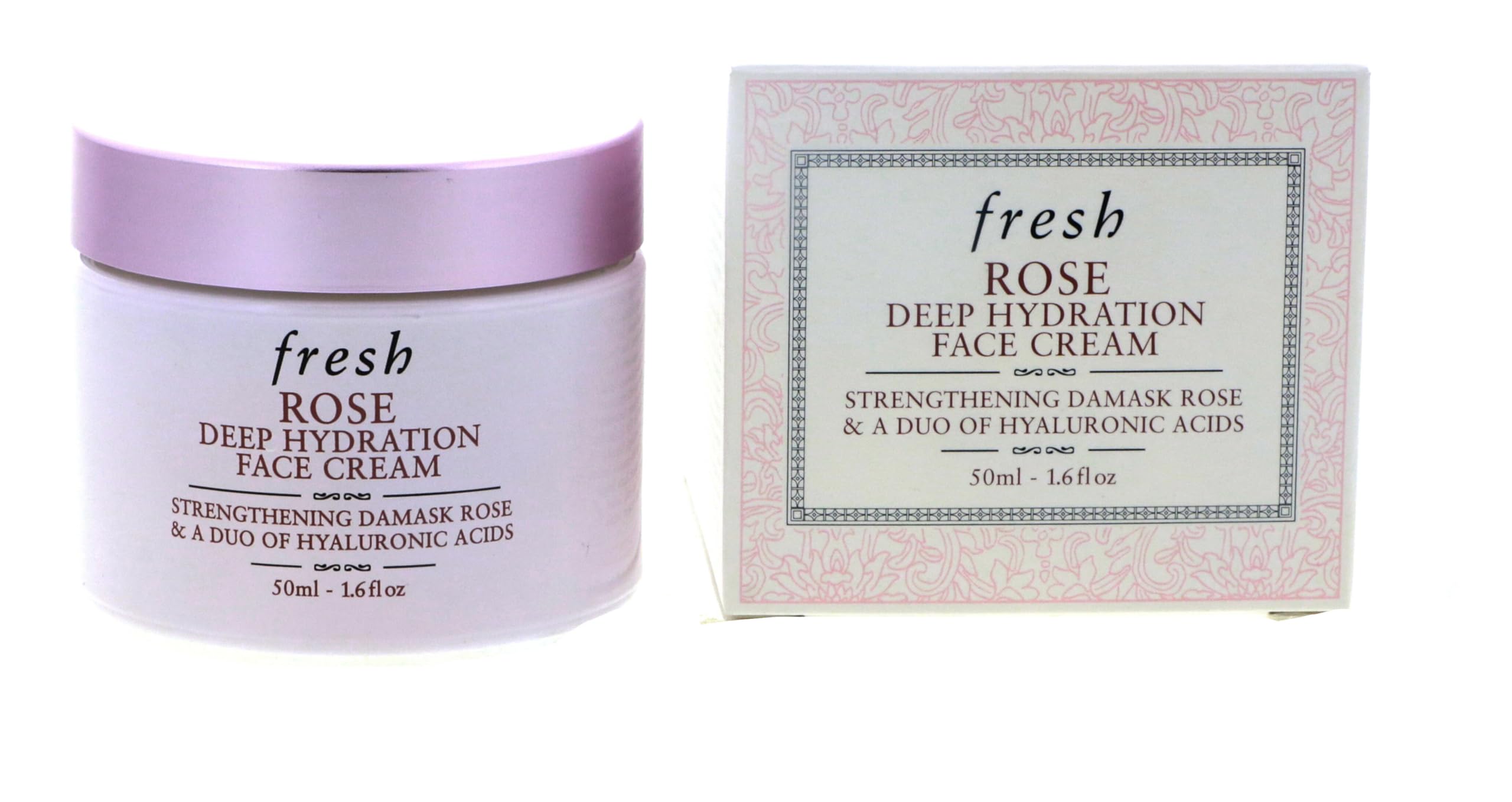 Fresh Rose Deep Hydration Face Cream in a 1.6 oz jar, showing the light pink moisturizer with rose petals and lid.