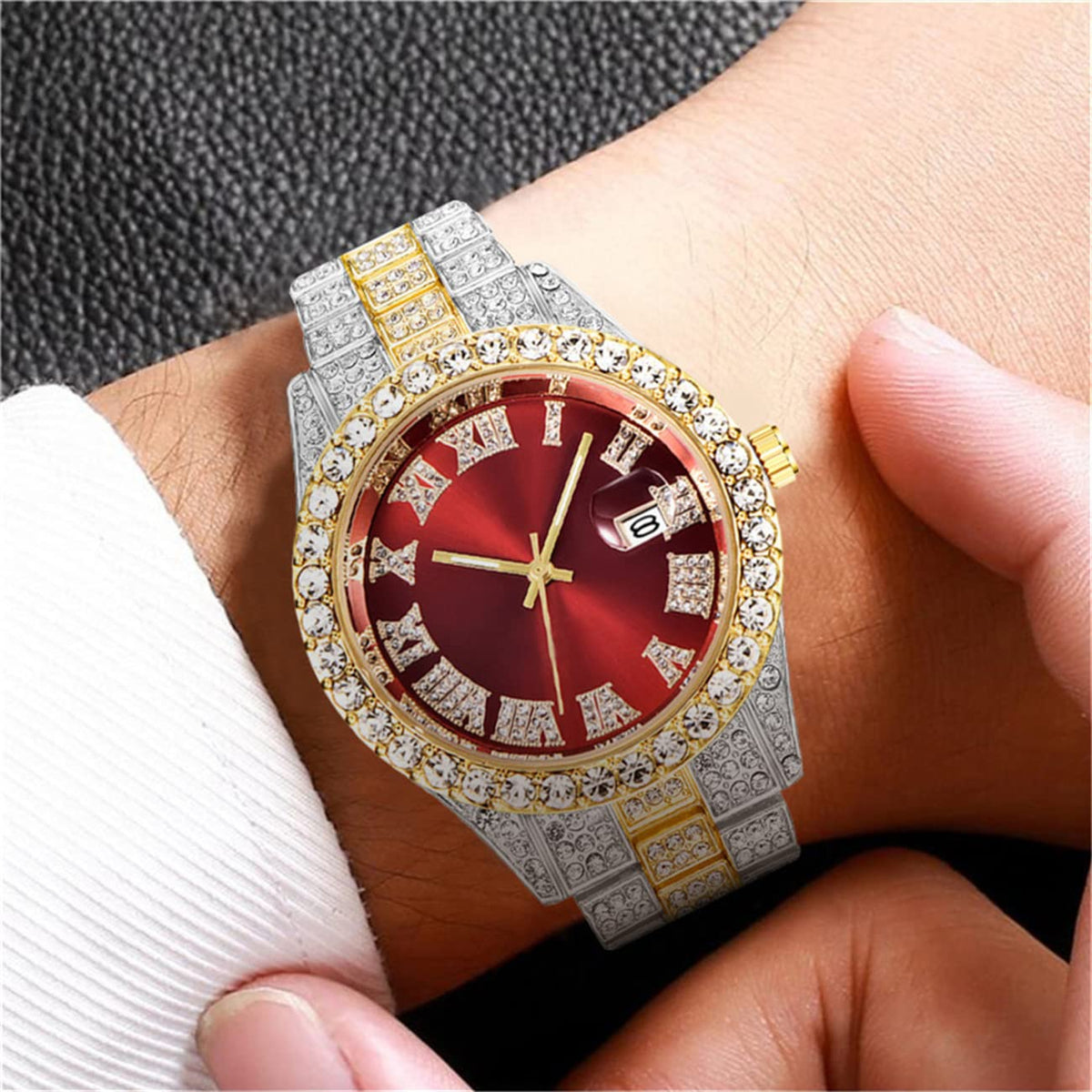 CdyBox 3 Pack Luxury Men Hip Hop Watch with Roman Scale Calendar Diamond Wrist Watch Stainless Steel Watches – full view