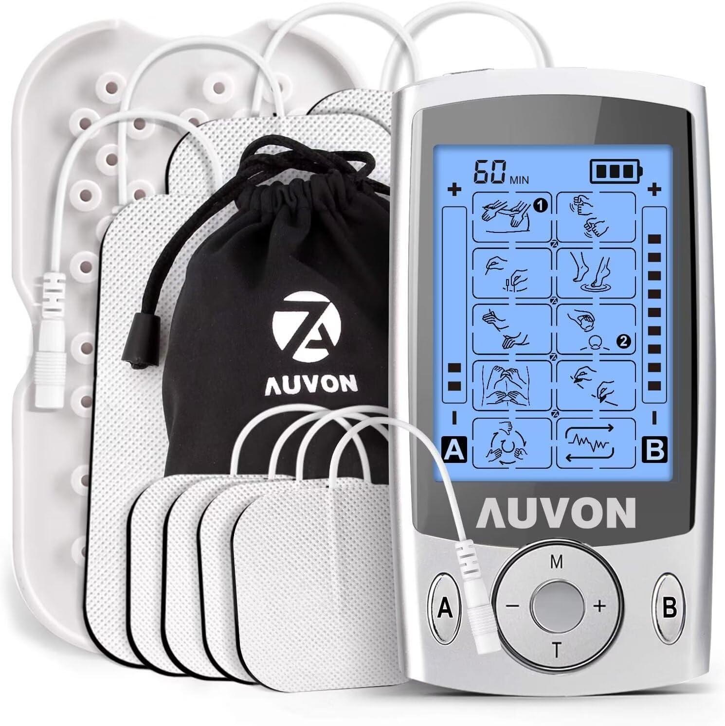 AUVON Dual Channel TENS Unit Muscle Stimulator Machine with 20 - Product Imagery