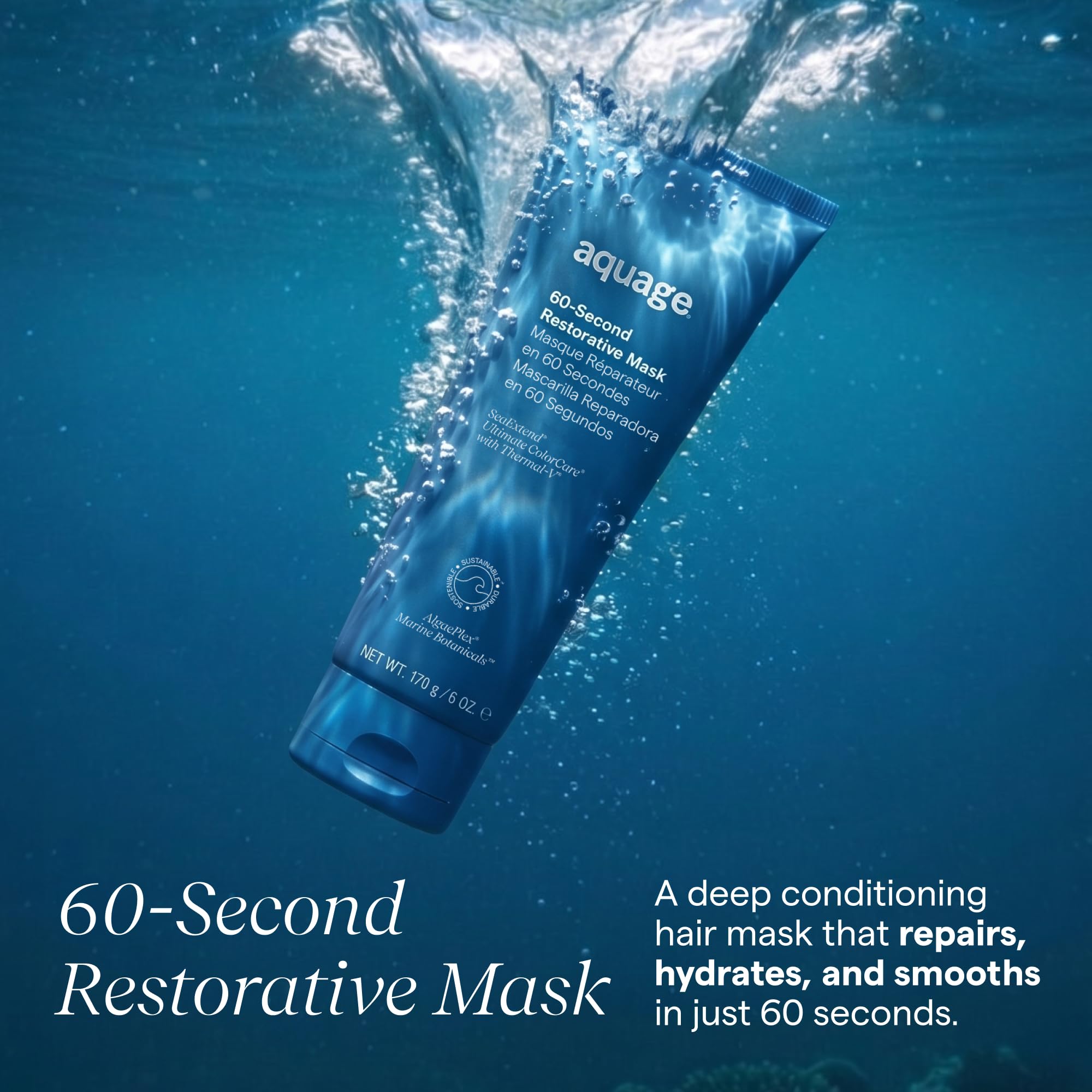 Aquage 60 Second Restorative Repair Mask conditioner in a 33.8 oz jar, showing the product container with the label clearly visible.