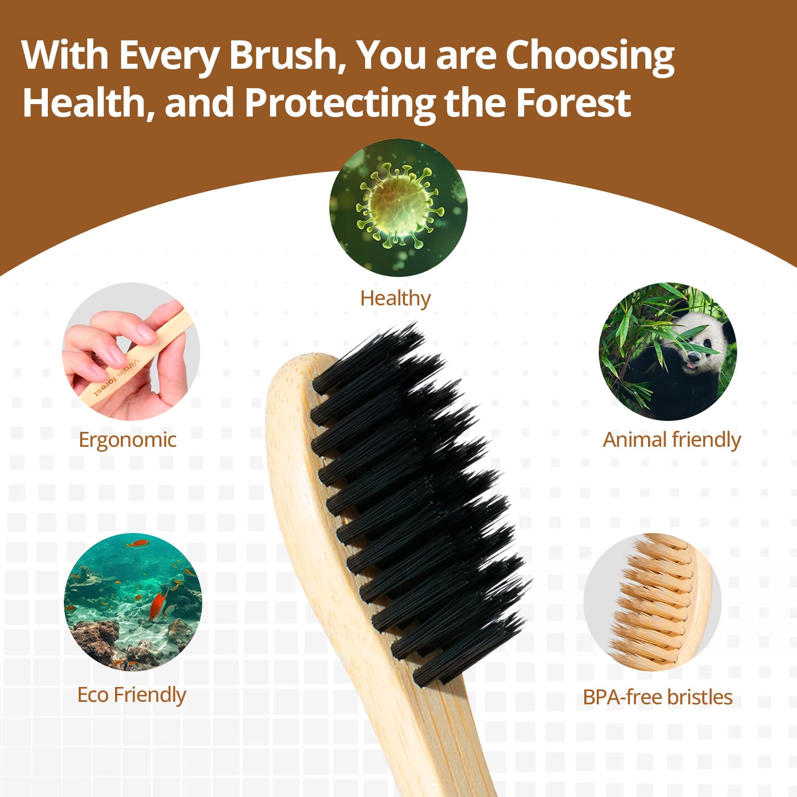 Virgin Forest bamboo toothbrush 10-pack with soft bristles, BPA-free eco-friendly toothbrushes on a white background.