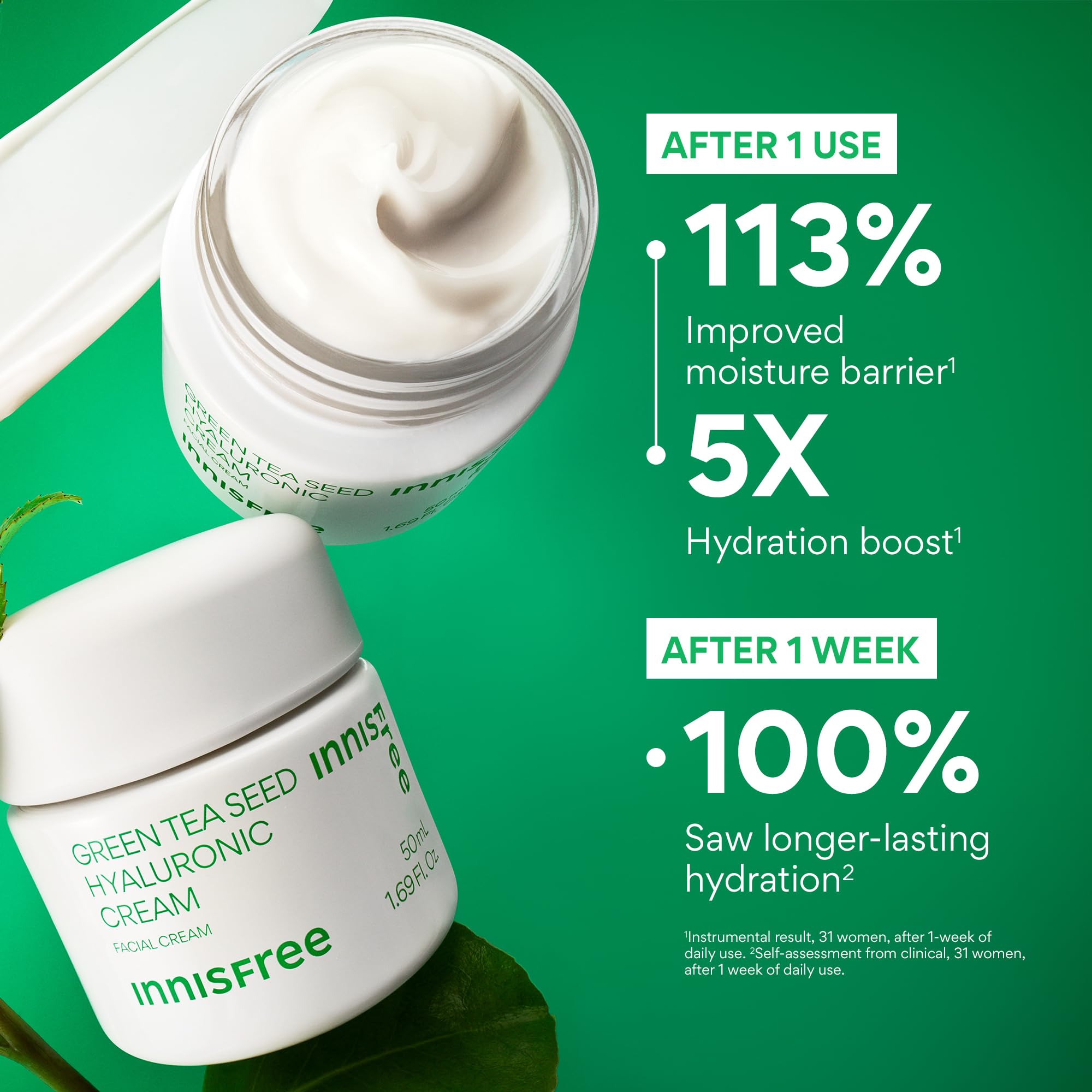 innisfree Green Tea Seed Hyaluronic Acid Cream, Korean skin moisturizer with ceramide and skin barrier complex, fragrance-free
