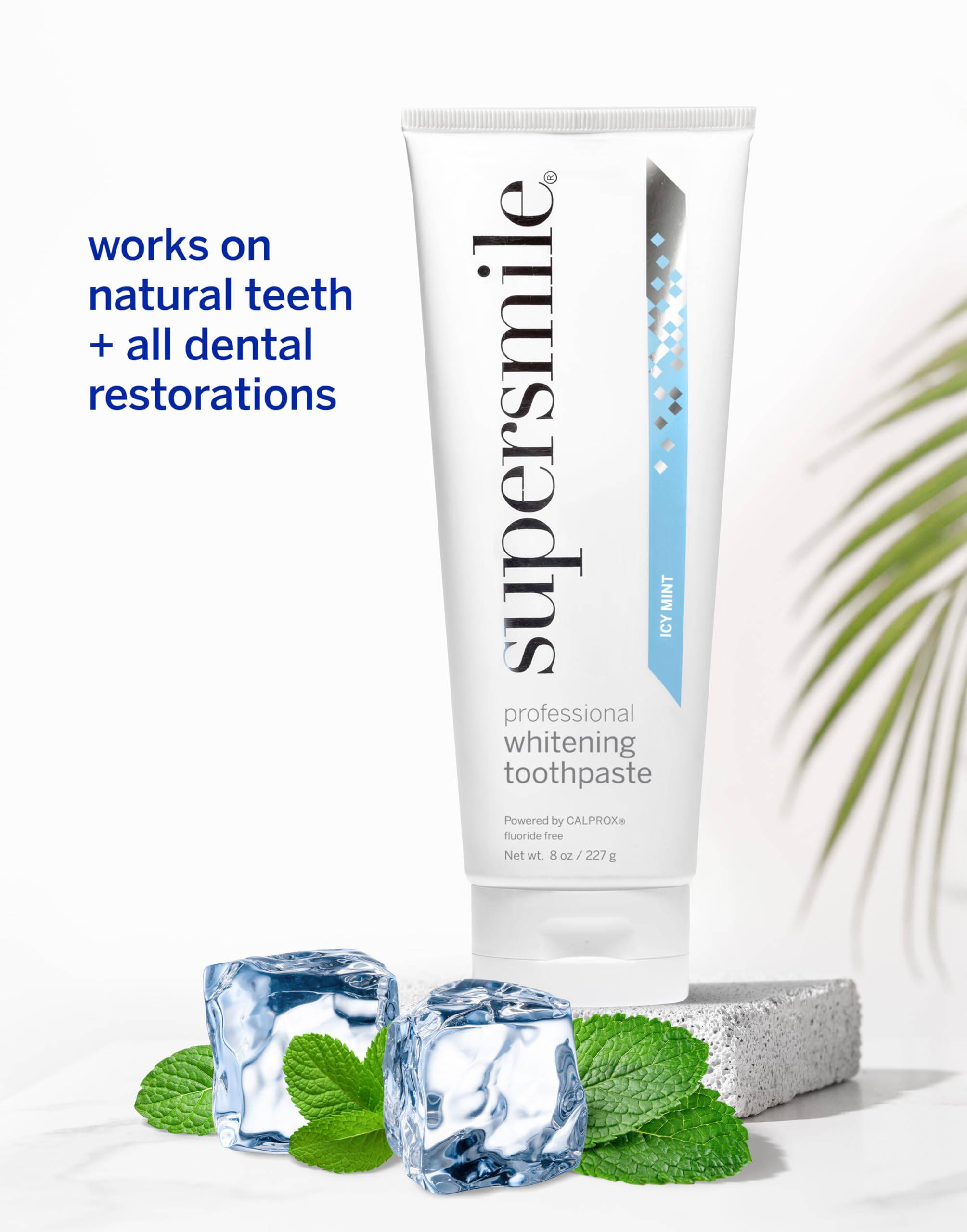 Supersmile ICY Mint whitening toothpaste in 8 oz fluoride-free tube, fresh mint flavor, for tooth cleaning and brightening.