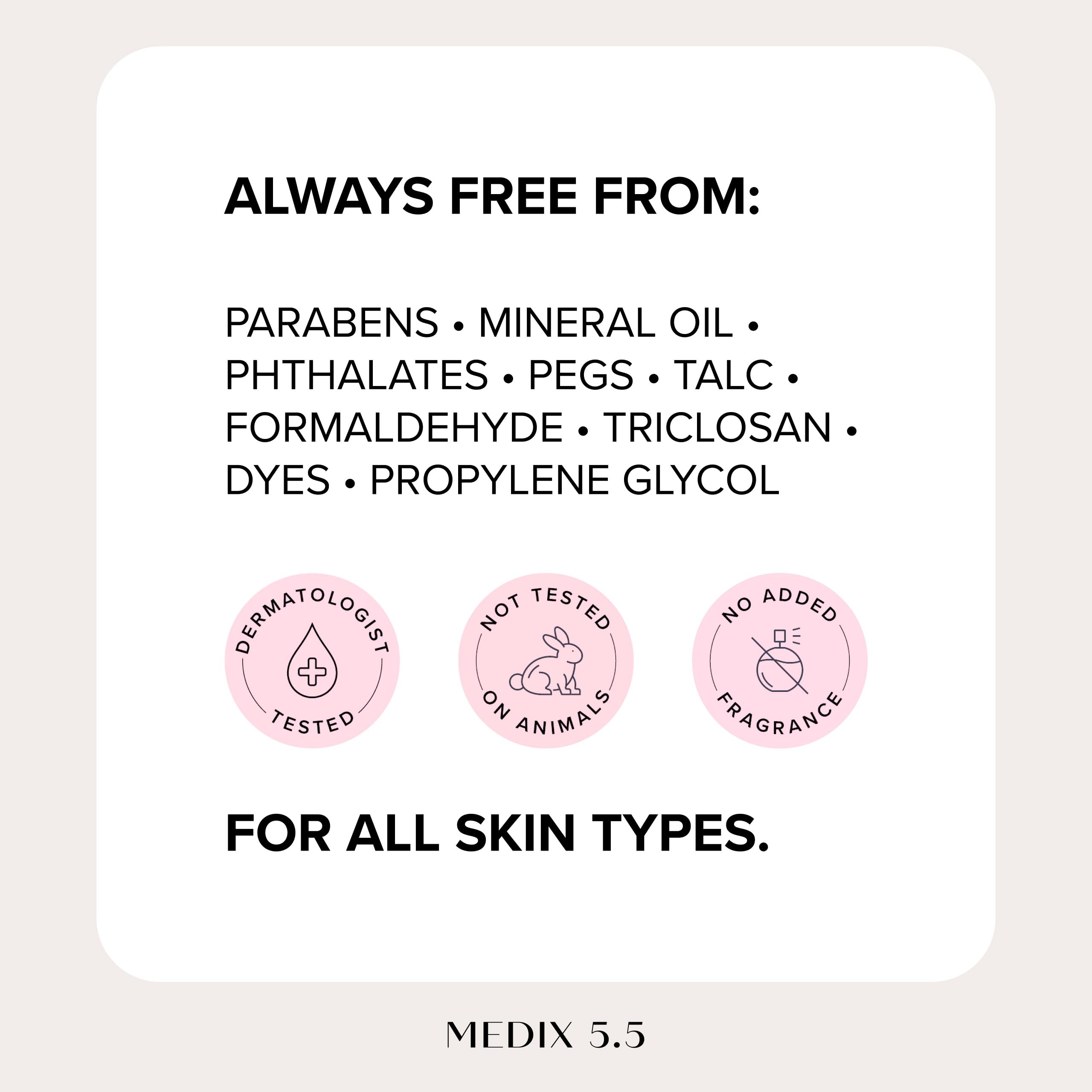 Medix 5.5 fragrance-free retinol face and body moisturizer with anti-aging properties, showing creamy texture on skin.