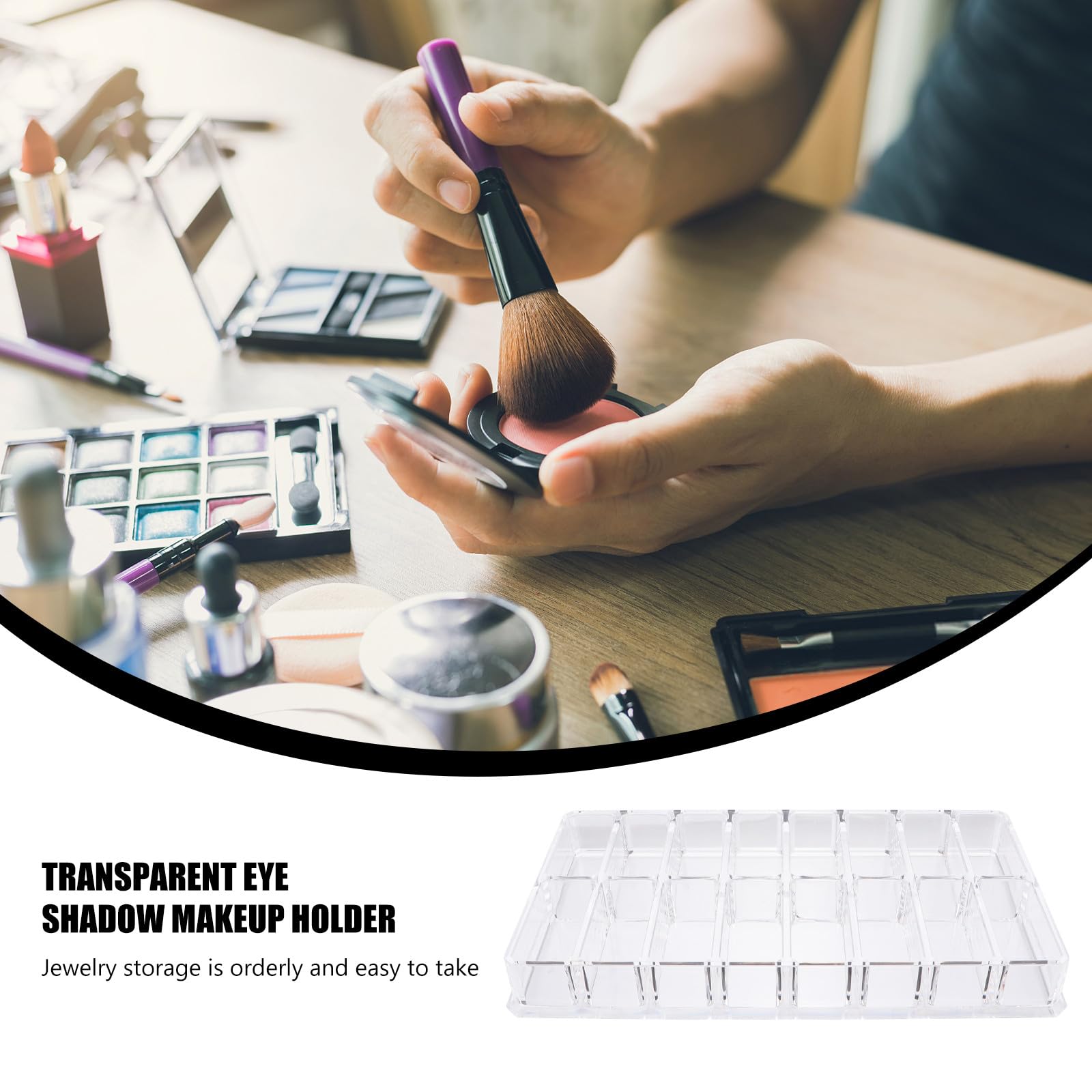 VILLCASE acrylic makeup storage caddy with 16 compartments for blush, eyeshadow, and cosmetics, ideal for vanity and travel use.