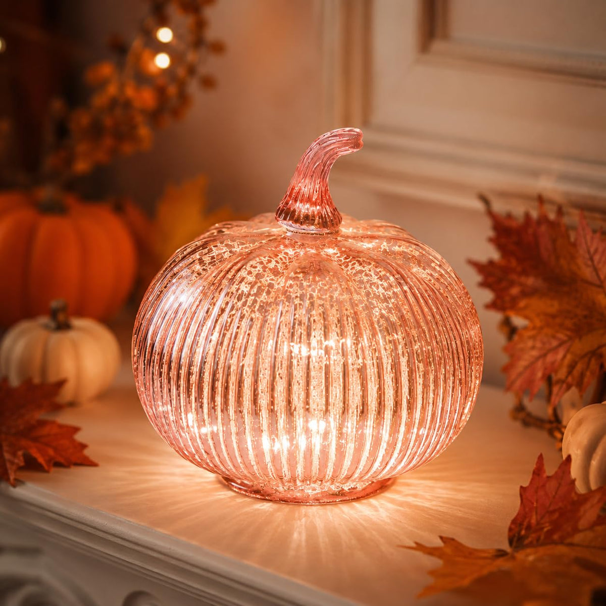 hvfun Rose Gold Glass Pumpkin Light with 2 Lighting Modes and 6-Hour Timer, 5.5 x 6 Inch Battery Operated Mercury Glass 