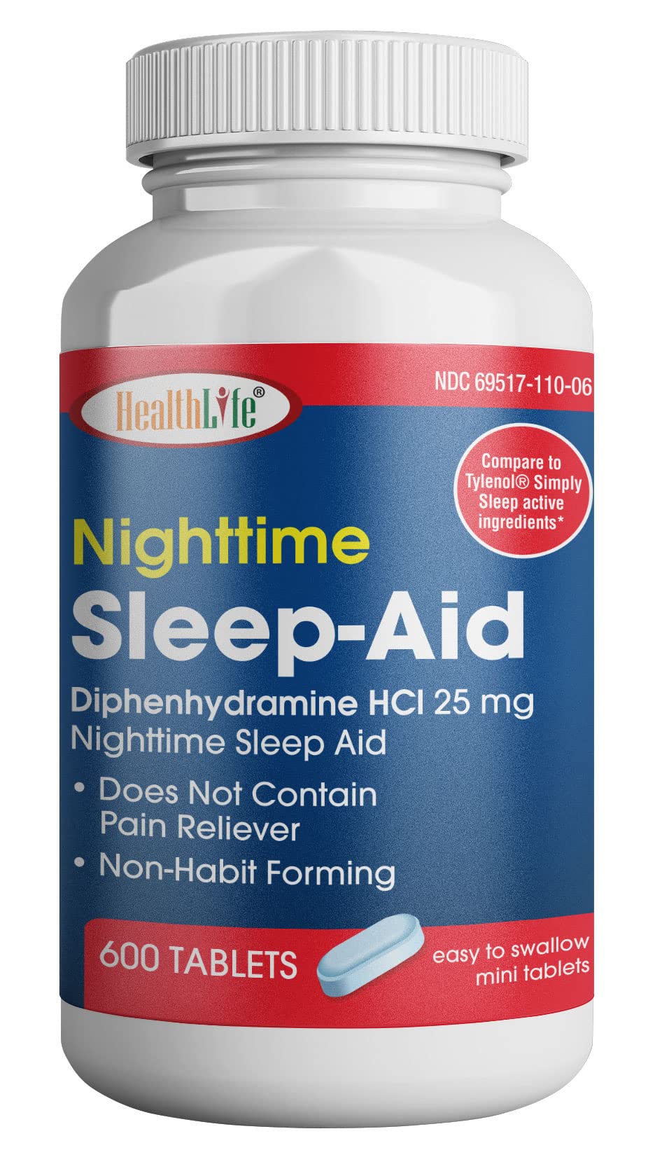 HealthPharma Nighttime Sleep-Aid, Diphenhydramine HCL Caplets, - Product Imagery