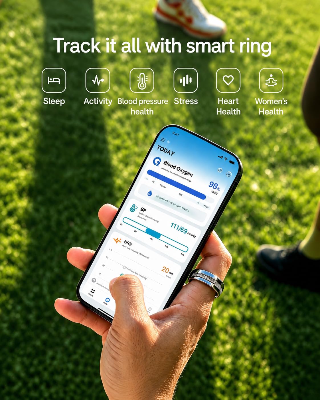 Wollet Smart Ring for Women & Men, Smart Ring Sleep Tracker, No Subscription – full view, size 8