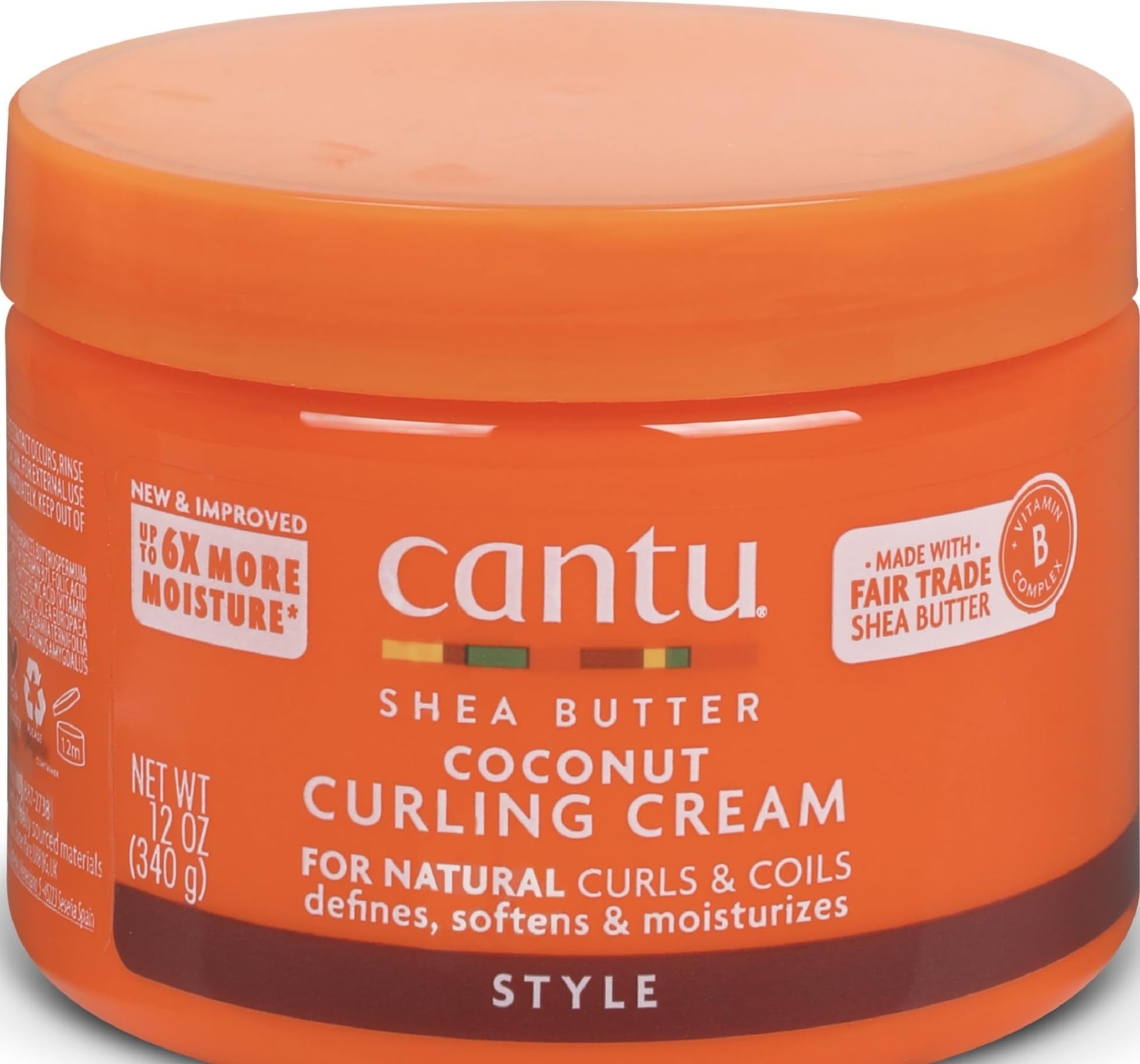 Cantu Coconut Curling Cream 12 oz in pack of six, styled in a jar with creamy texture ideal for defining curls and hair styling.
