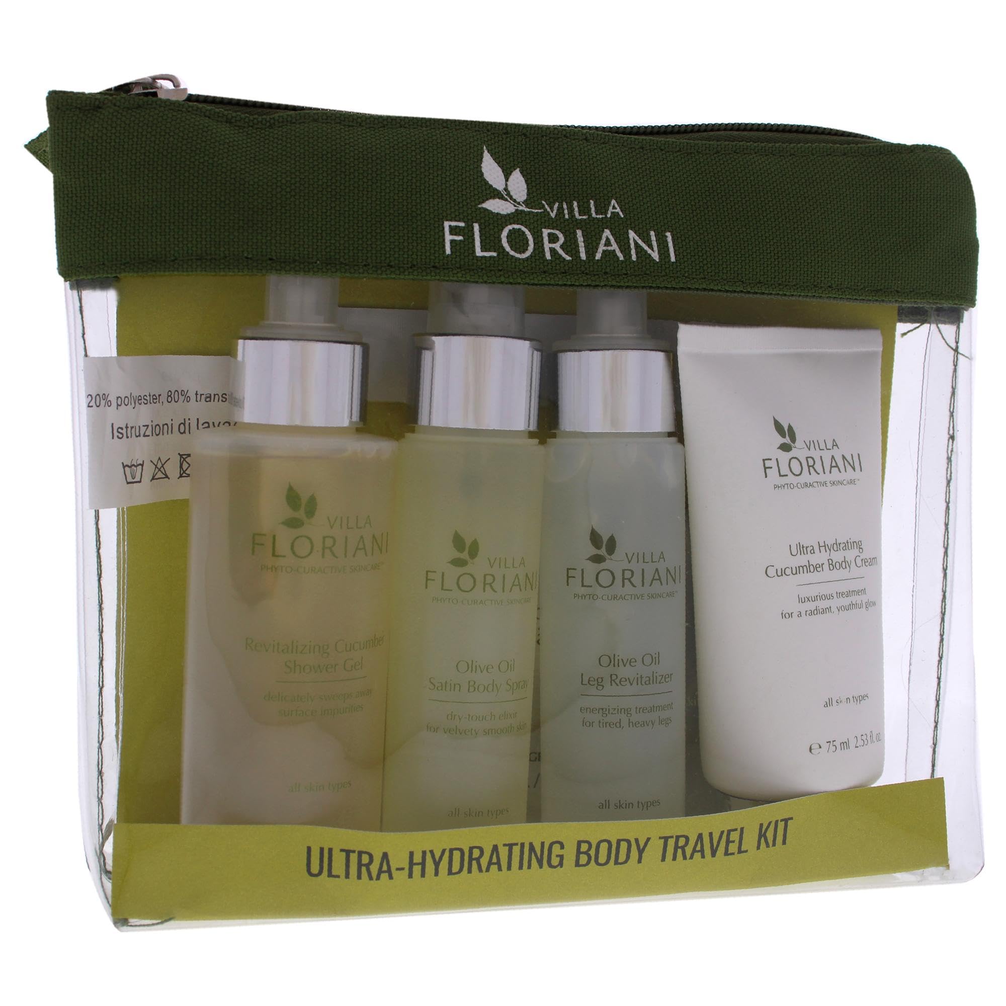 Villa Floriani Ultra-Hydrating Body Travel Kit with five personal body care products for unisex use, ideal for travel.