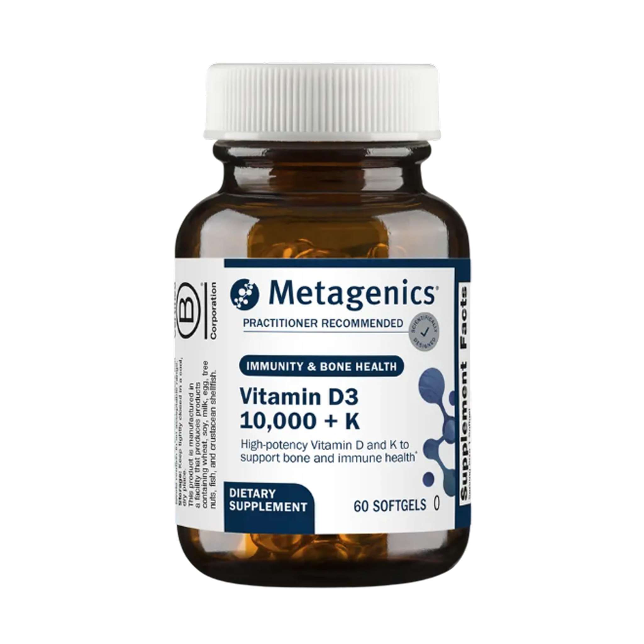 Metagenics Vitamin D3 K2 10000 IU MK-7 softgels, dietary supplement bottle with 60 softgel capsules.