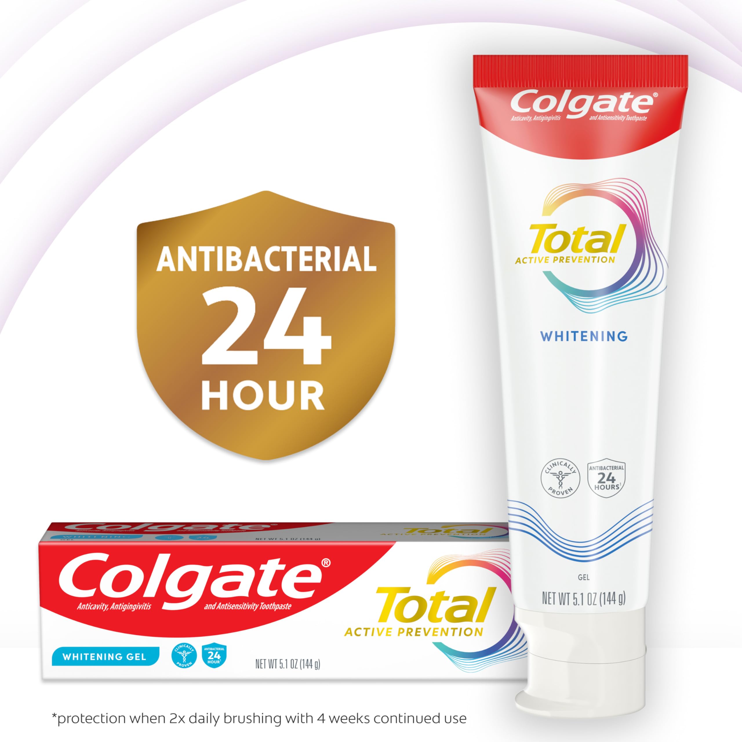 Colgate Total Whitening Toothpaste Gel with Fluoride, Bulk 4 Pack, 5.1 oz