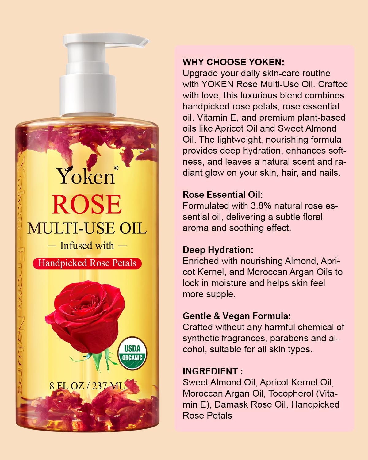 Organic Rose Multi-Use Body Oil For Skin Body, USDA Certified with Petals