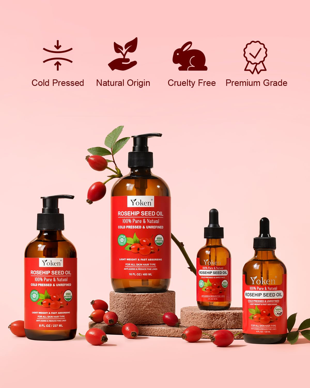Yoken Cold Pressed Organic Rosehip Seed Oil for Skin, Hair & Body, 16 fl oz