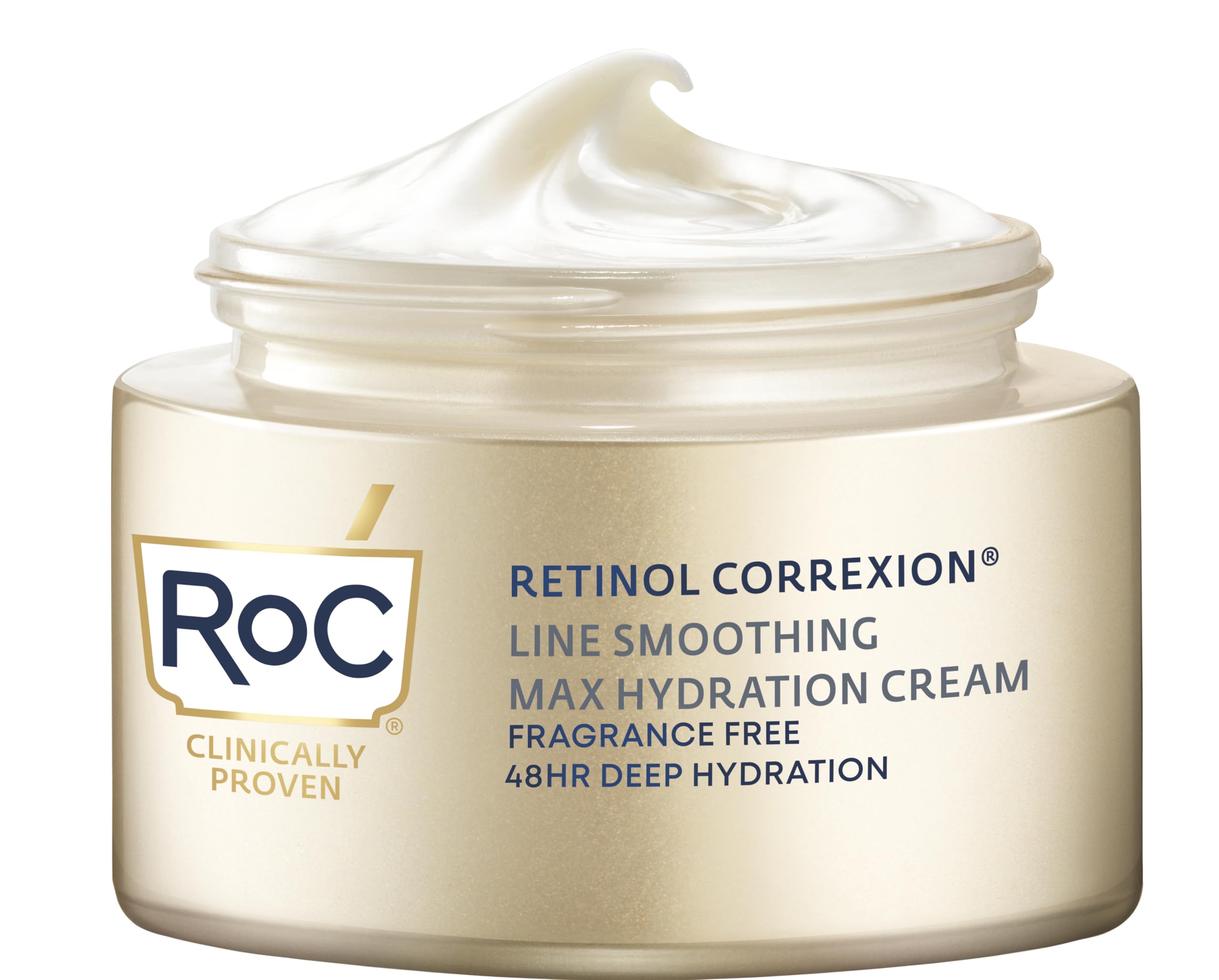 RoC Retinol Correxion Max Hydration Skin Moisturizer in 1.7 oz jar, showing creamy texture and packaging.