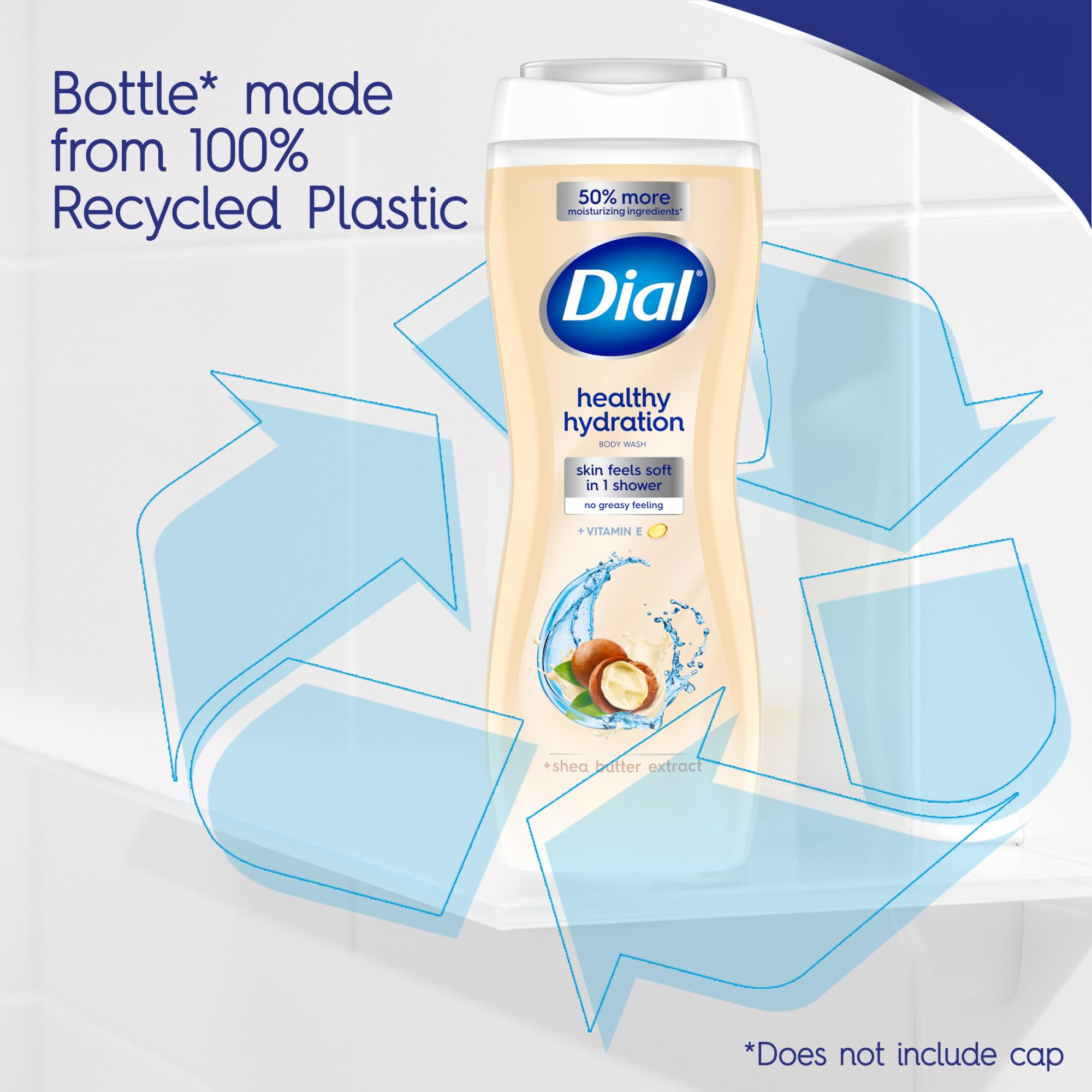 Dial Healthy Hydration Shea Butter body wash 4-pack, moisturizing skin cleansing agent with rich shea butter in bottles.