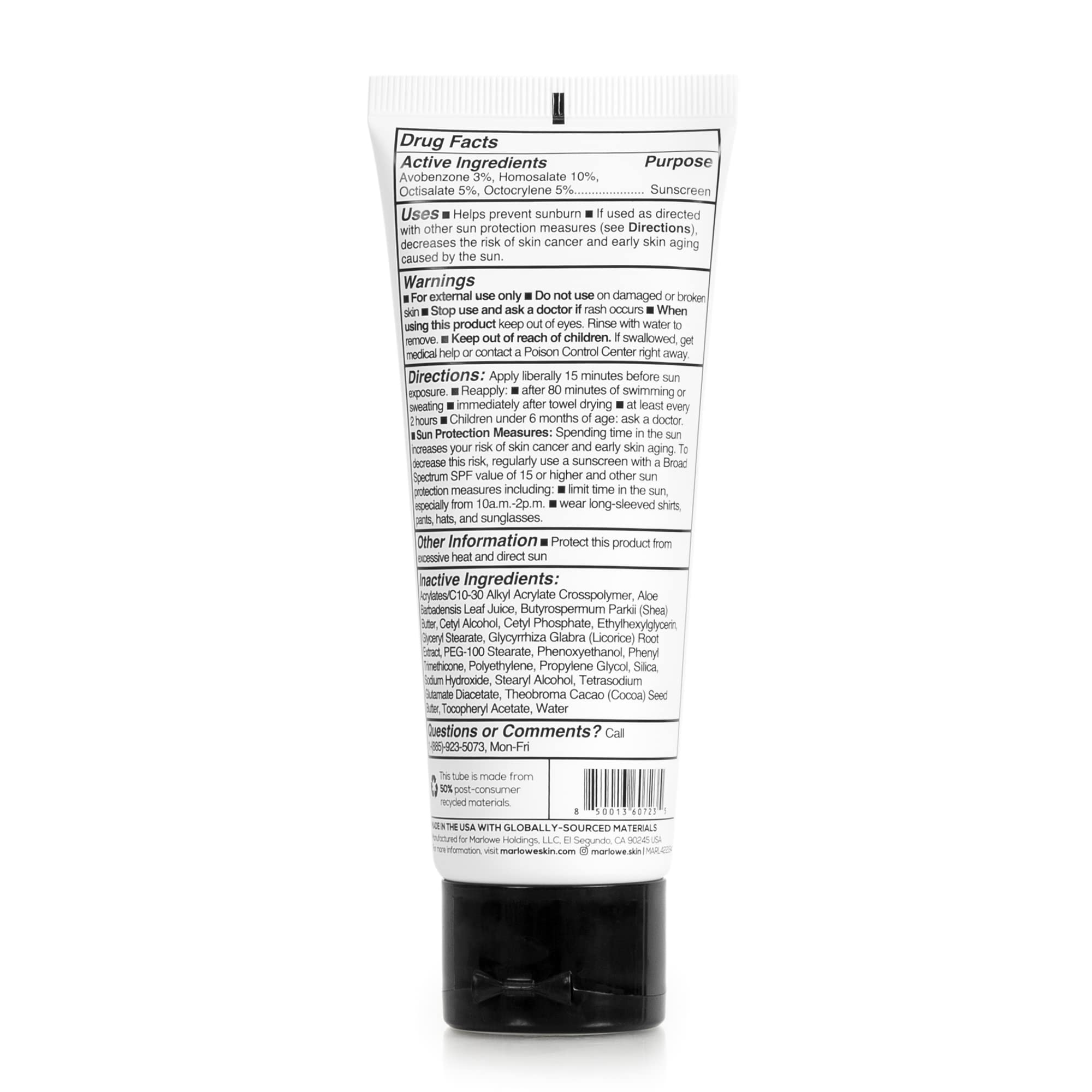 MARLOWE. Face Moisturizer with SPF 50 daily sunscreen lotion in 3.4 oz bottle, hydrating skin and protecting from sun damage
