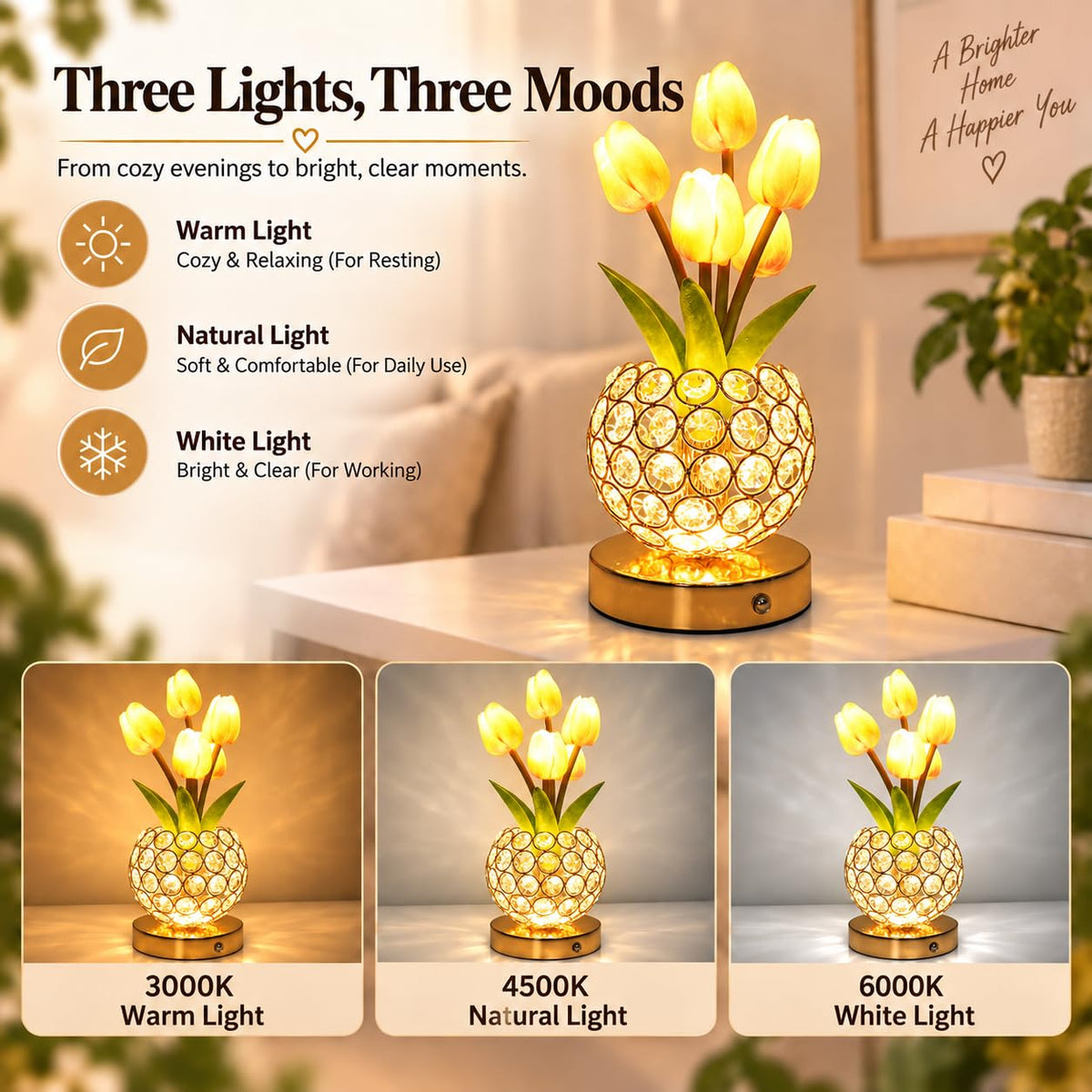 Komothala 4000mAh Rechargeable Crystal Tulip Lamp, Cordless Bedside Nightstand Light – packaging and label