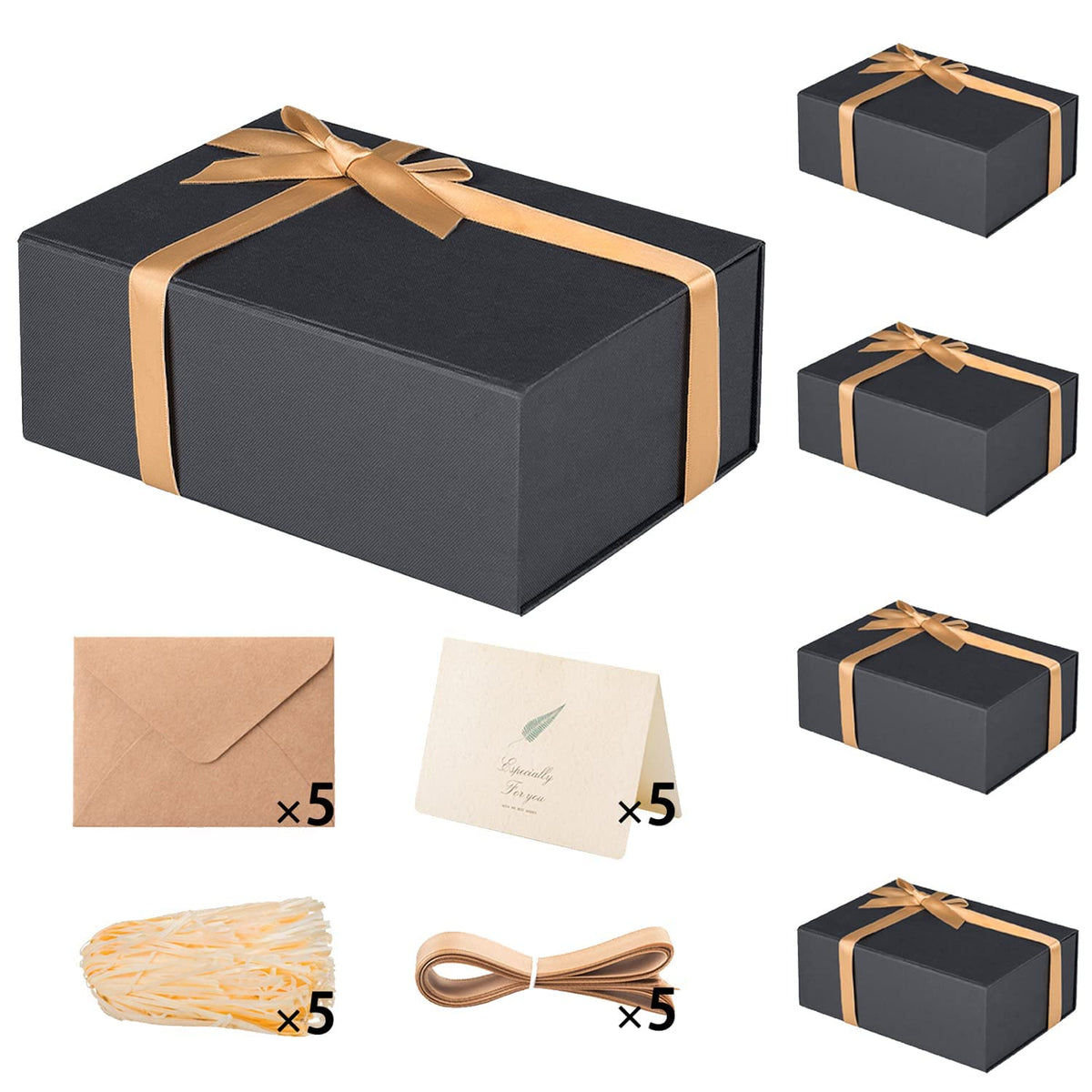 5 Pack 13 5x10x4 Black Magnetic Gift Boxes Bulk with Ribbon - LIFELUM Official Imagery - 1
