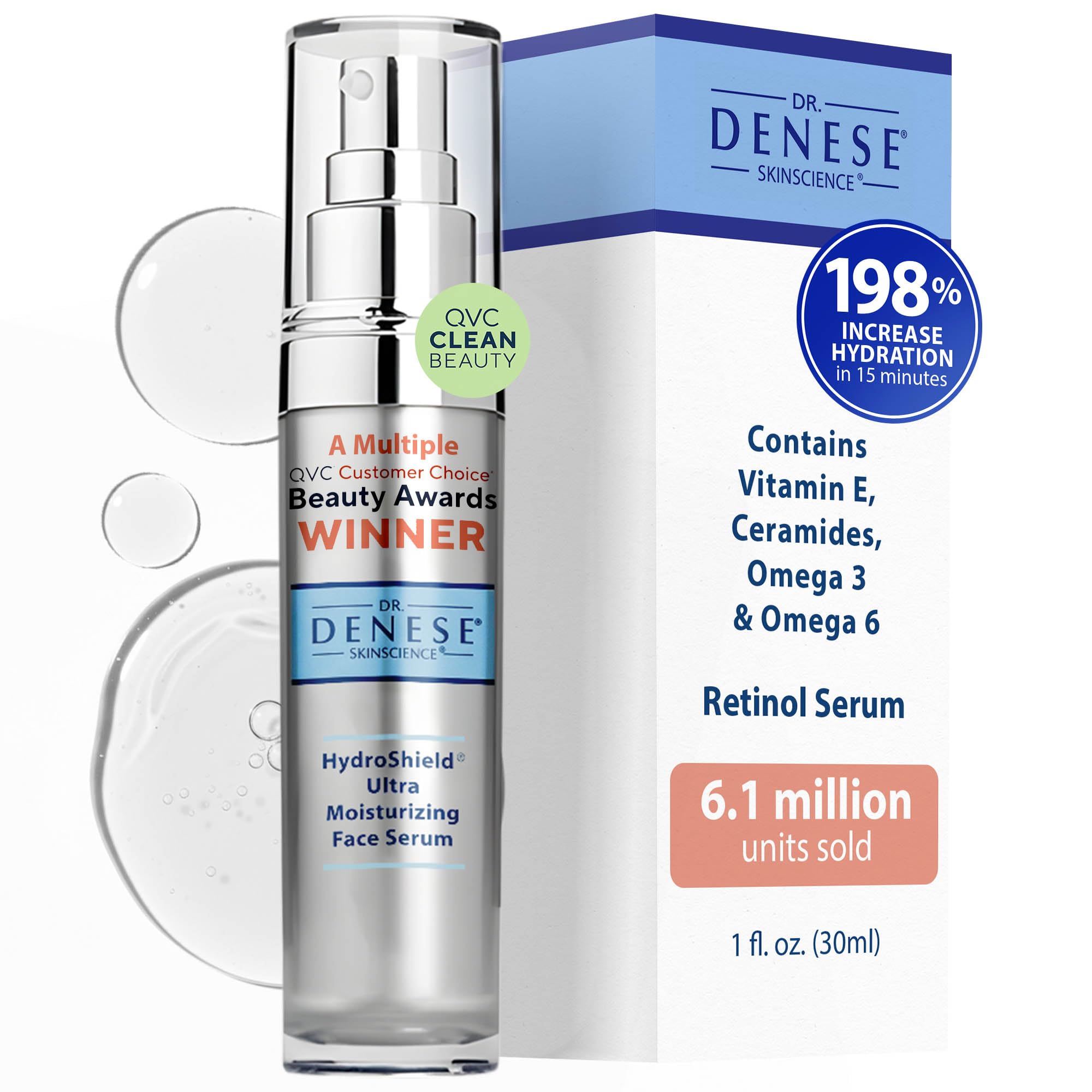 Dr. Denese HydroShield Retinol Serum 1oz with ceramides, featuring a clear bottle and dropper for hydrating skin treatment.