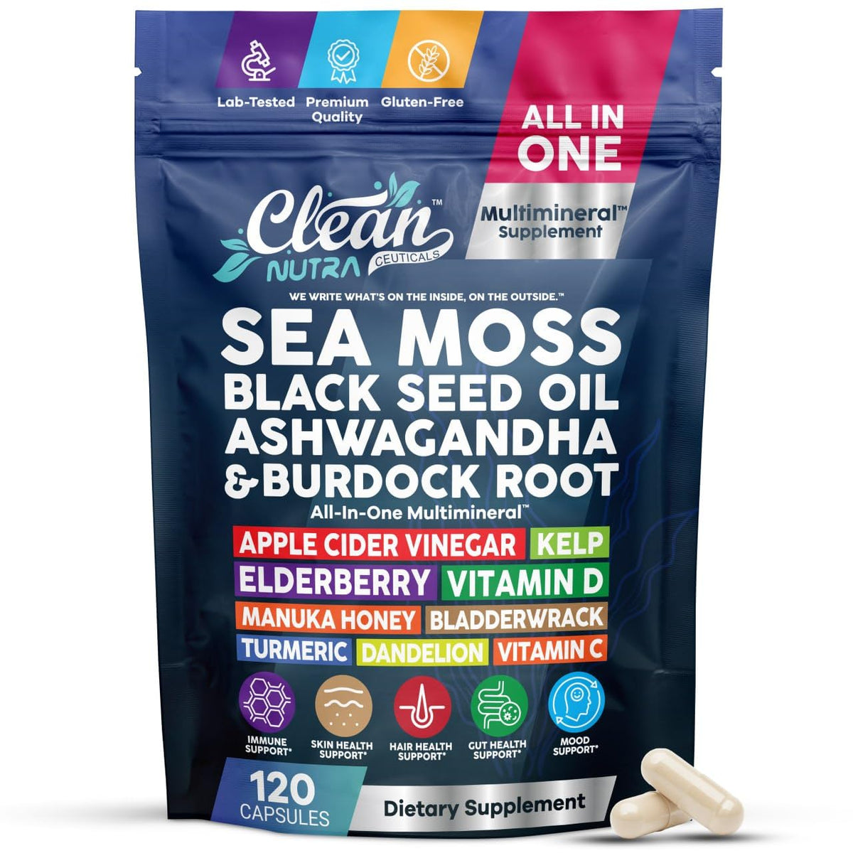 Sea Moss Capsules Black Seed Oil Ashwagandha Burdock Root - Clean Nutraceuticals Official Imagery - 2