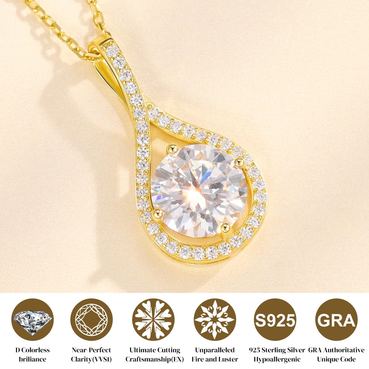 E-EMERMAKING Moissanite Necklace Gift for Women, 925 Sterling Silver 18K White/Yellow Gold Vermeil 0.5-6.0CT Moissanite 
