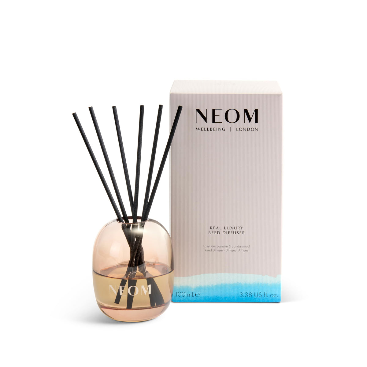 NEOM Real Luxury Reed Diffuser, Lavender, Jasmine & Sandalwood, 100ml – Reed Diffuser 100ml, Glass, Real Luxury, 100ml 1