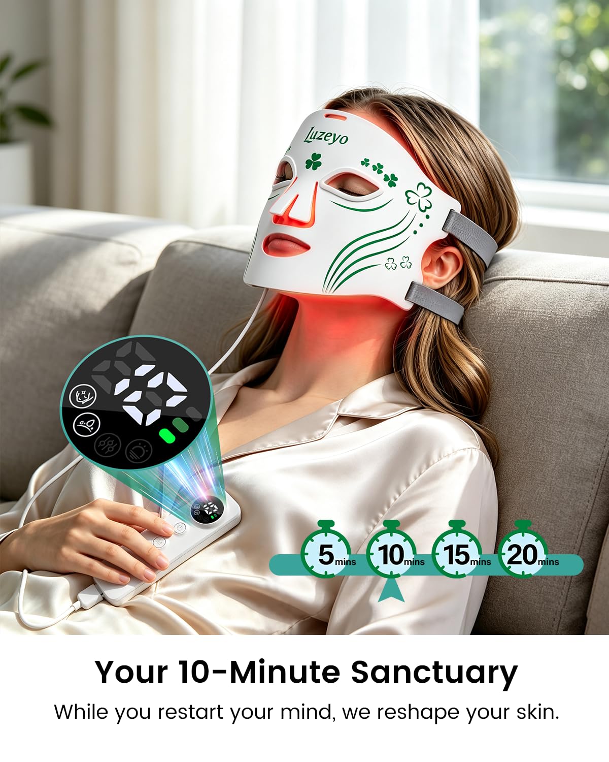 Luzeyo Red Light Therapy Mask for Face,850nm NIR, Red/Yellow/Blue LED Light – packaging and label