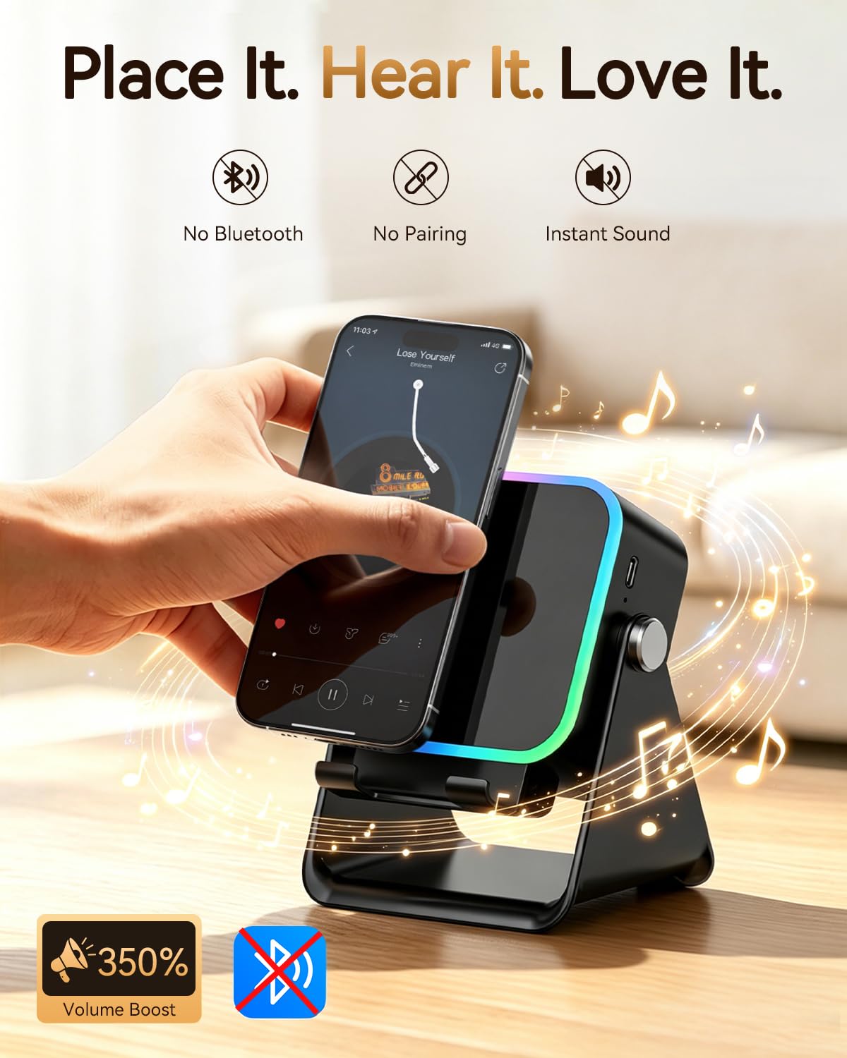 MILOUZ Gifts for Men Tech Gadgets Wireless Induction Speaker with Phone Stand – close-up detail in Black