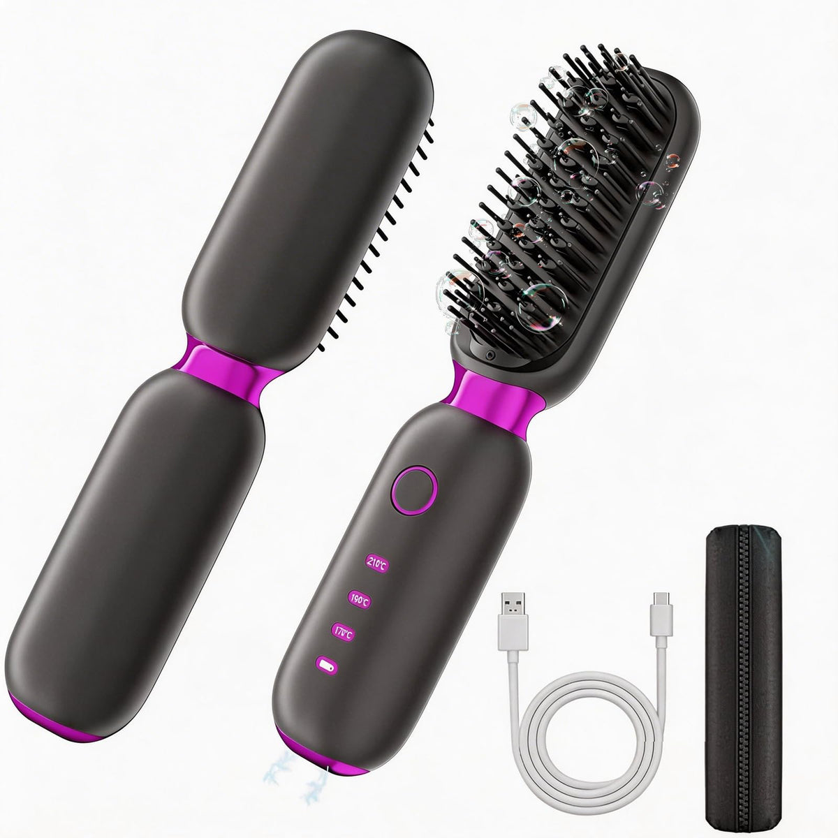HUAJUN Cordless Hair Straightener Brush, Mini Portable Travel Wireless Hot Brush – Black Purple, Ceramic