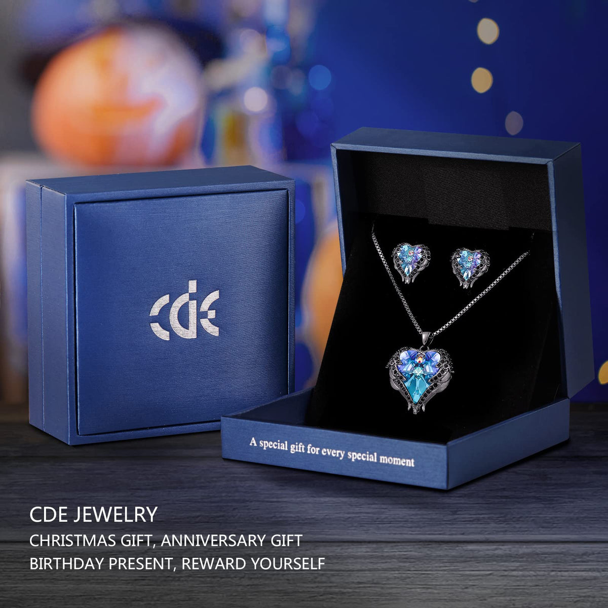 CDE Angle Wings Heart Pendant Necklace and Earrings Jewelry Gift for Women – back view and specifications