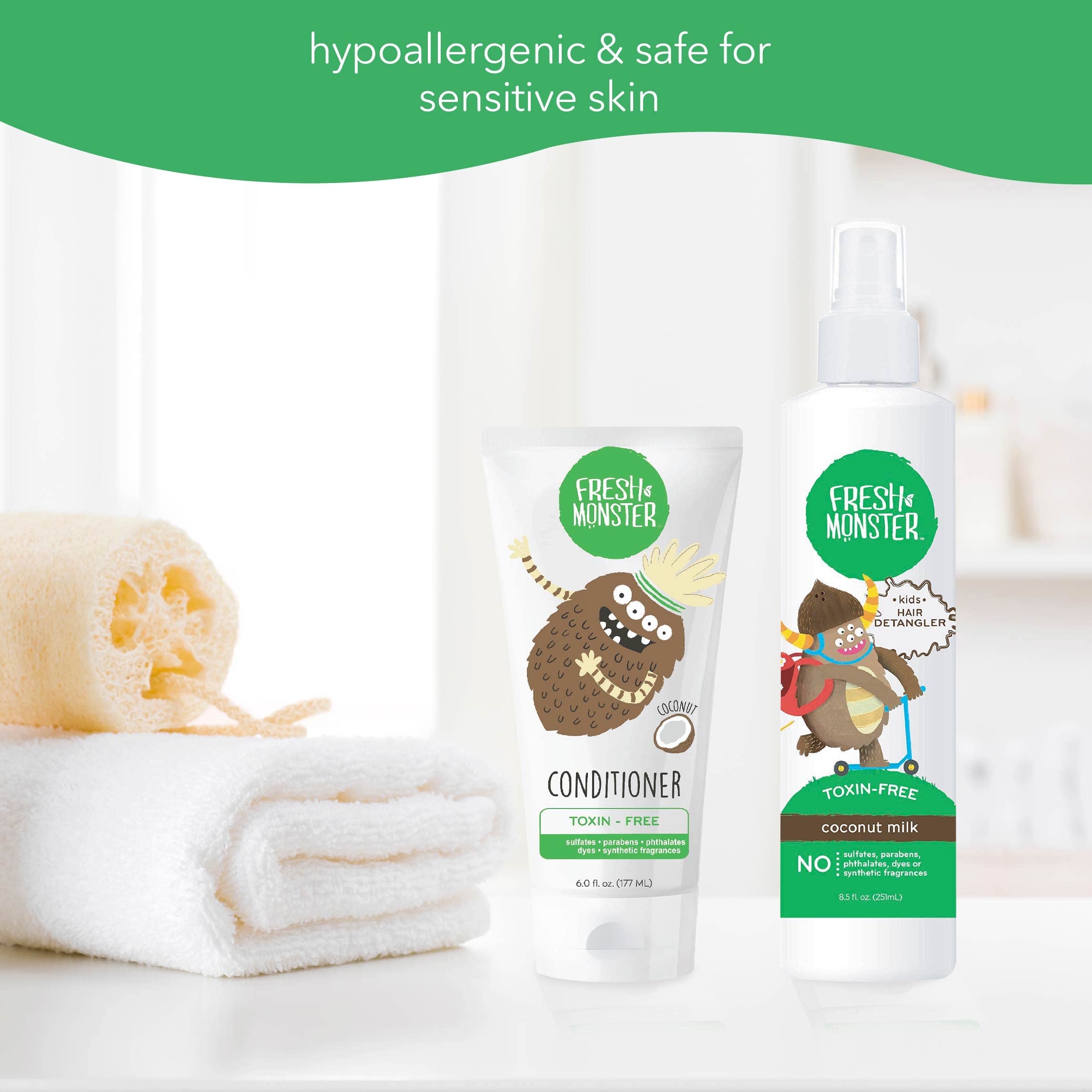 Fresh Monster Kids coconut detangler and conditioner bundle with 8.5 oz detangler and 6 oz conditioner, gentle hair care for children.