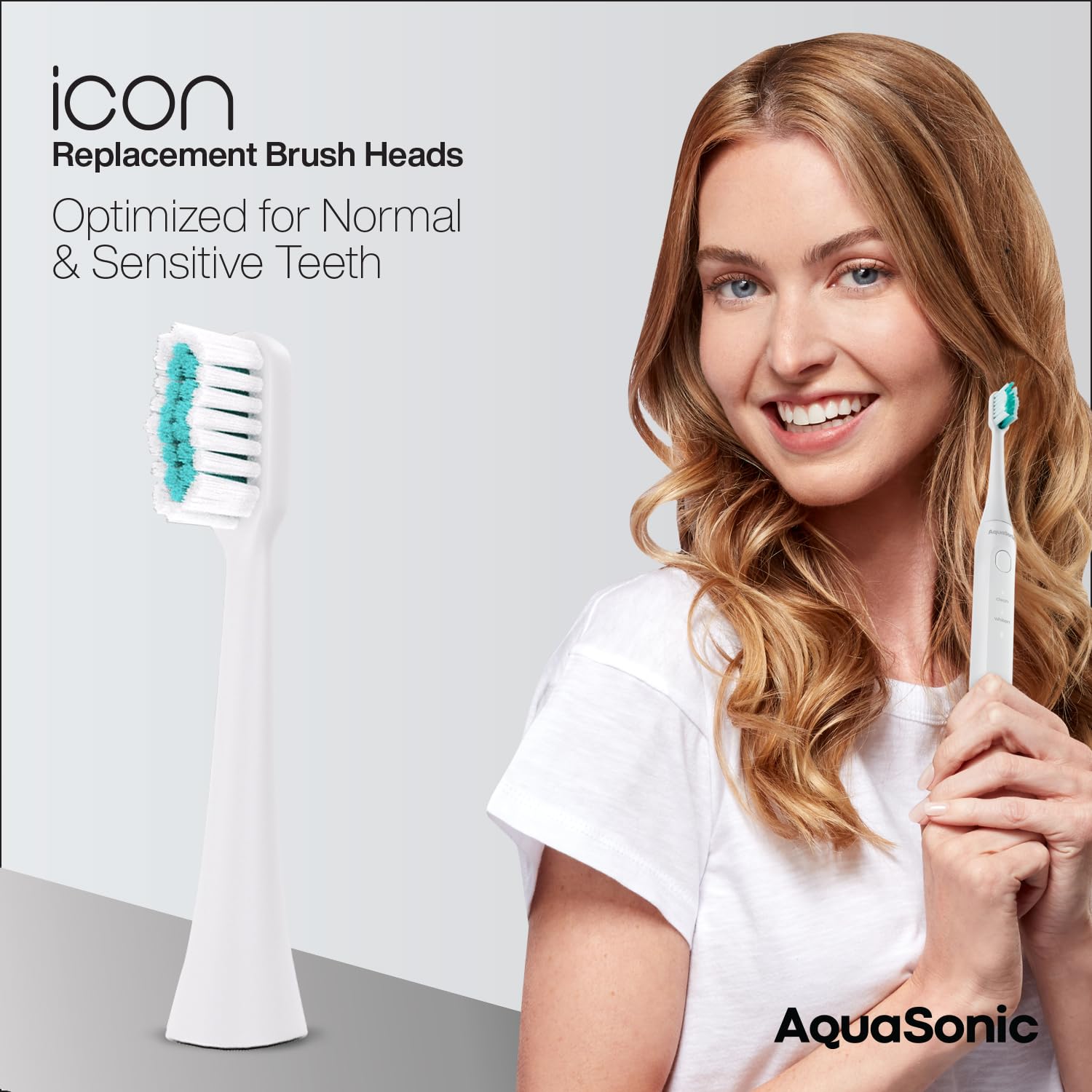 Aquasonic AquaSonic Icon replacement toothbrush heads in a 2-pack, featuring pearl-colored bristles for effective oral cleaning.