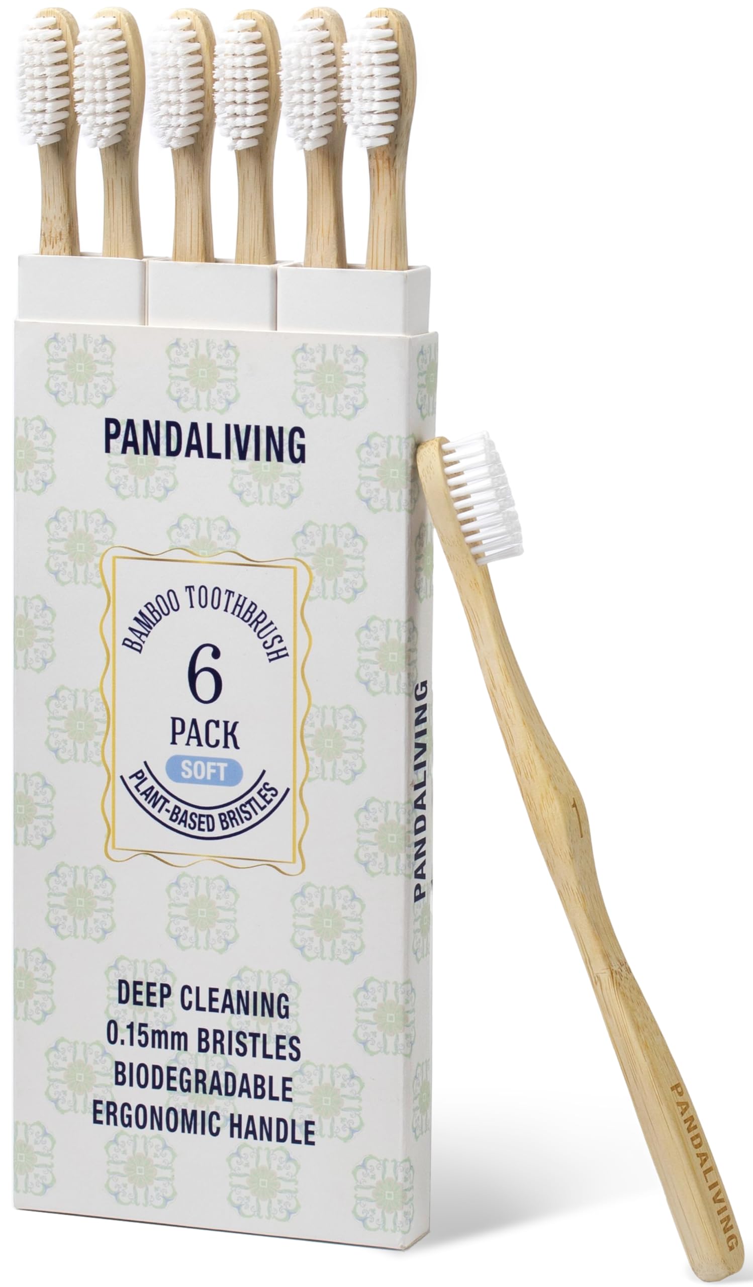 Bamboo Toothbrushes 6 Pack, Thick Wavy Ergonomic Non-Slip - Product Imagery