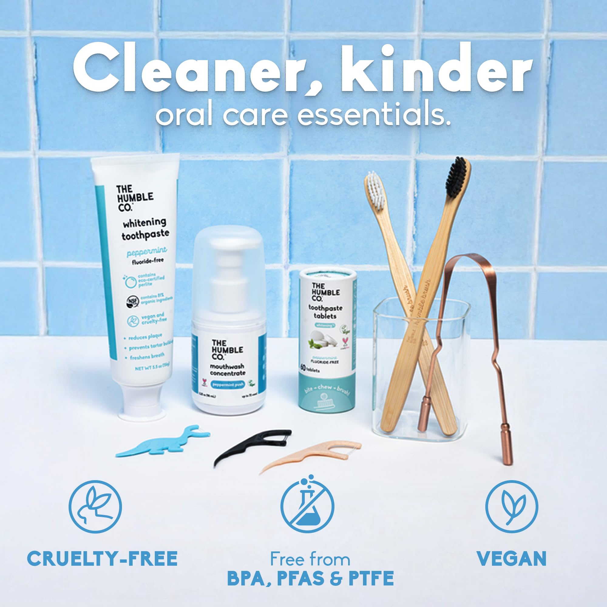 Set of five The Humble Co. bamboo toothbrushes with soft bristles, BPA-free, eco-friendly design, natural wood handles.