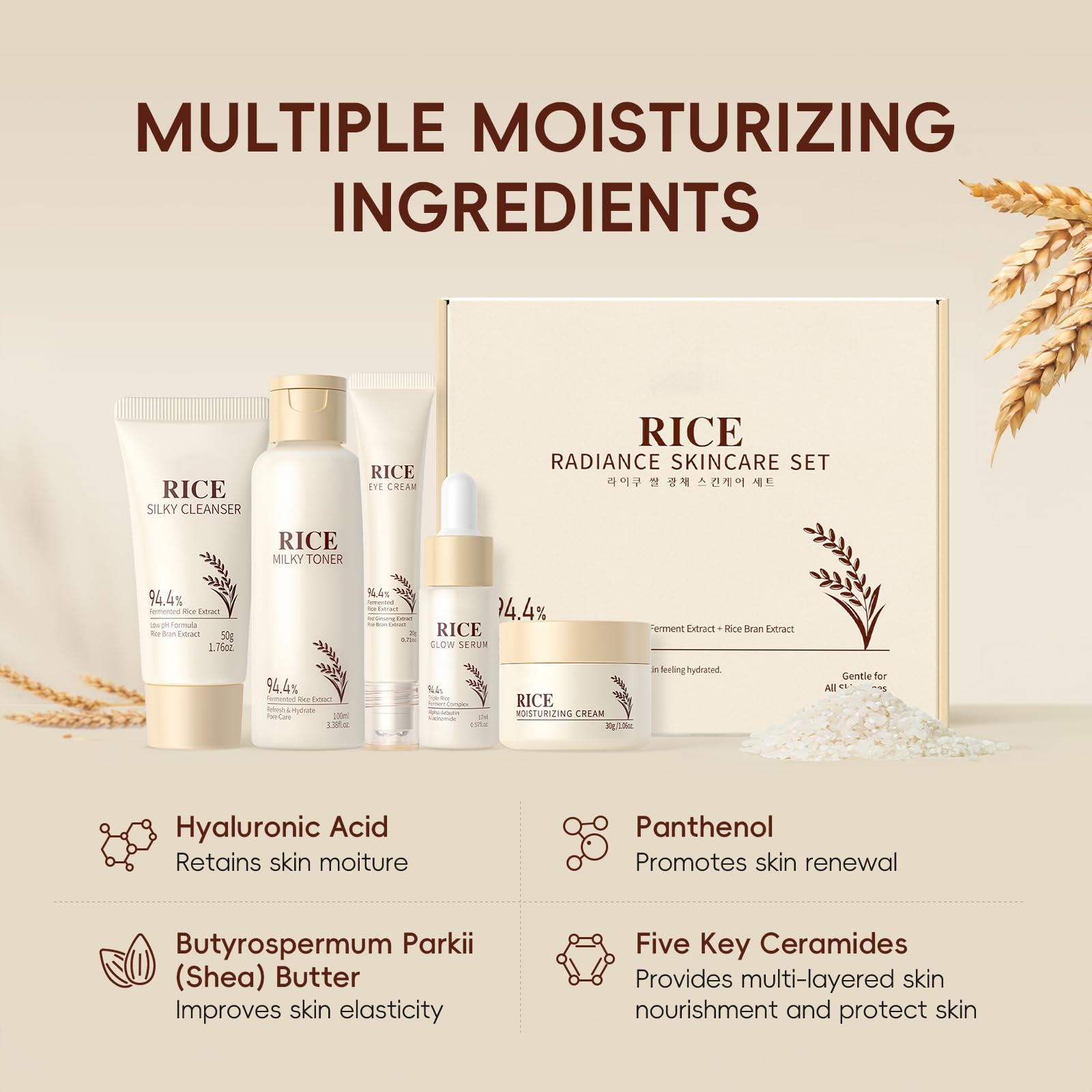 LAIKOU Rice Korean skin care set with five products, including creams and serums, arranged for a gift presentation for women.