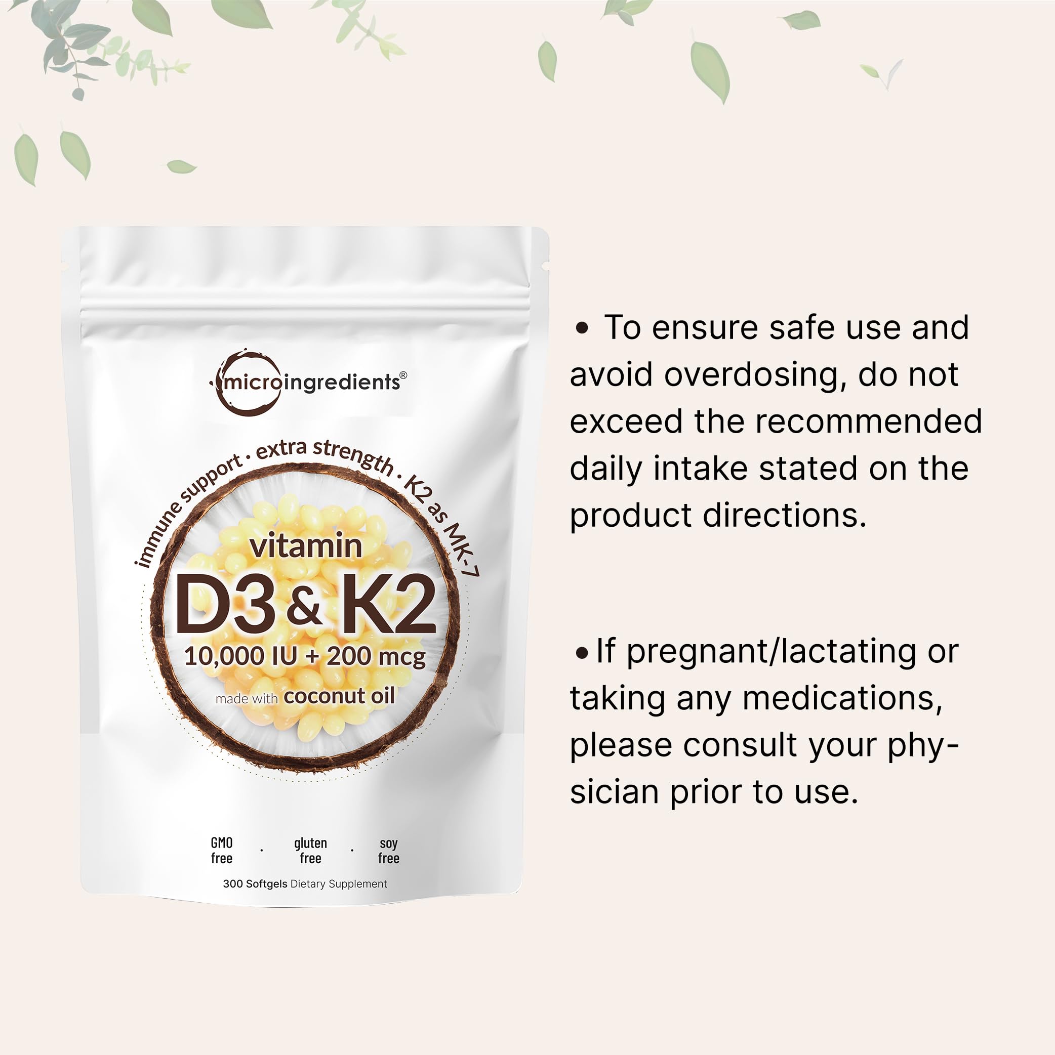 Micro Ingredients Vitamin D3 K2 MK-7 10,000 IU, 300 Softgels