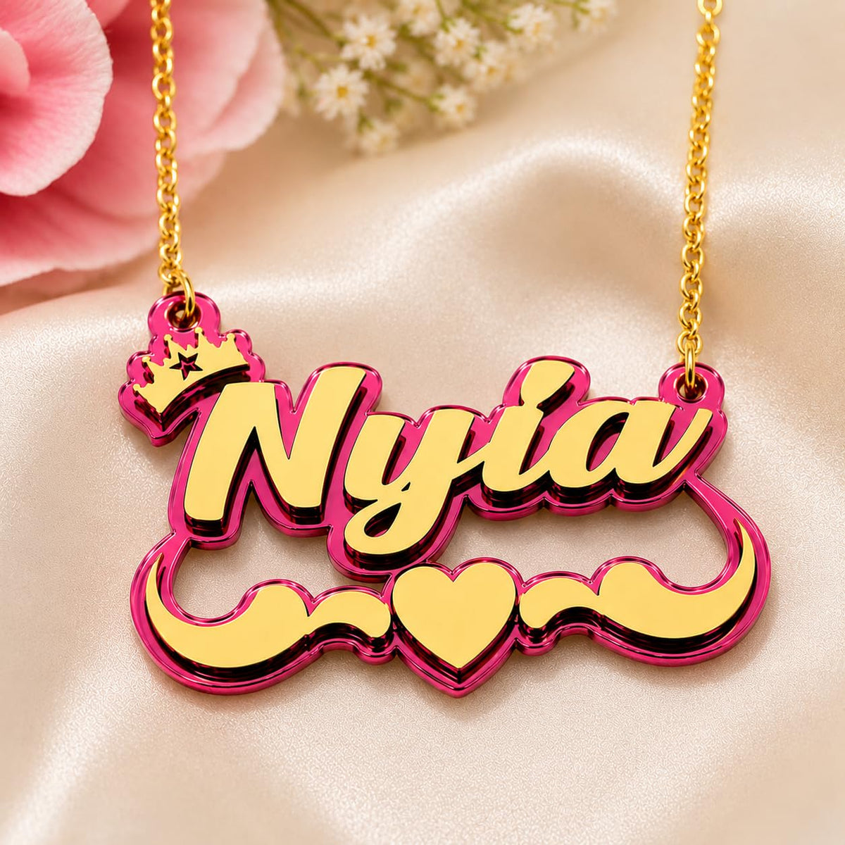 MIRROR MANIA Personalized Name Necklace & Bamboo Hoop Earrings Set | Custom Gold Nameplate Jewelry with Swirls, Heart & 