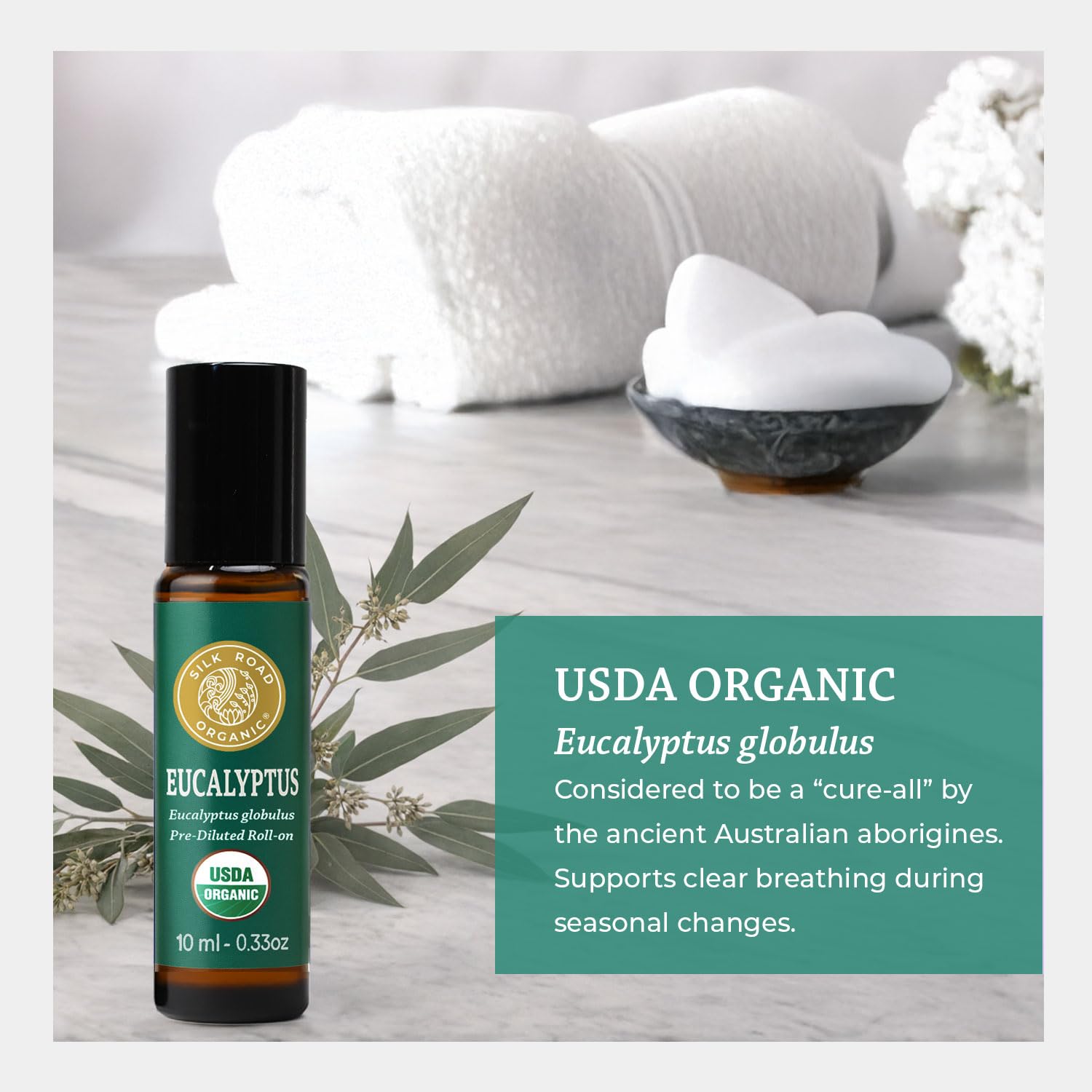 Silk Road Organic Eucalyptus Essential Oil Breath Roll-On, USDA Certified