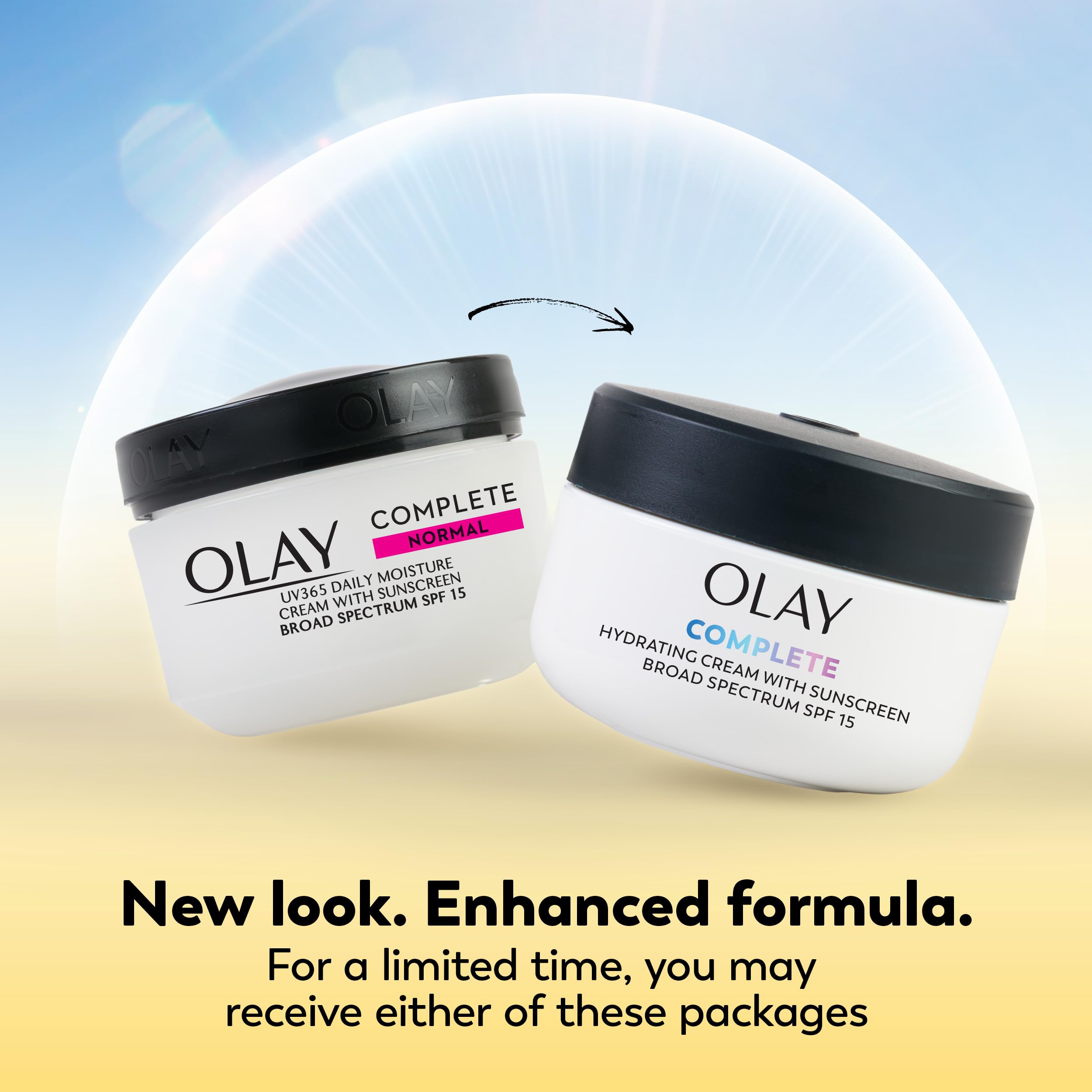 Olay Complete Face Moisturizer with SPF 15 sunscreen for normal skin, 2 oz, pack of 3, showing the cream applied on the face
