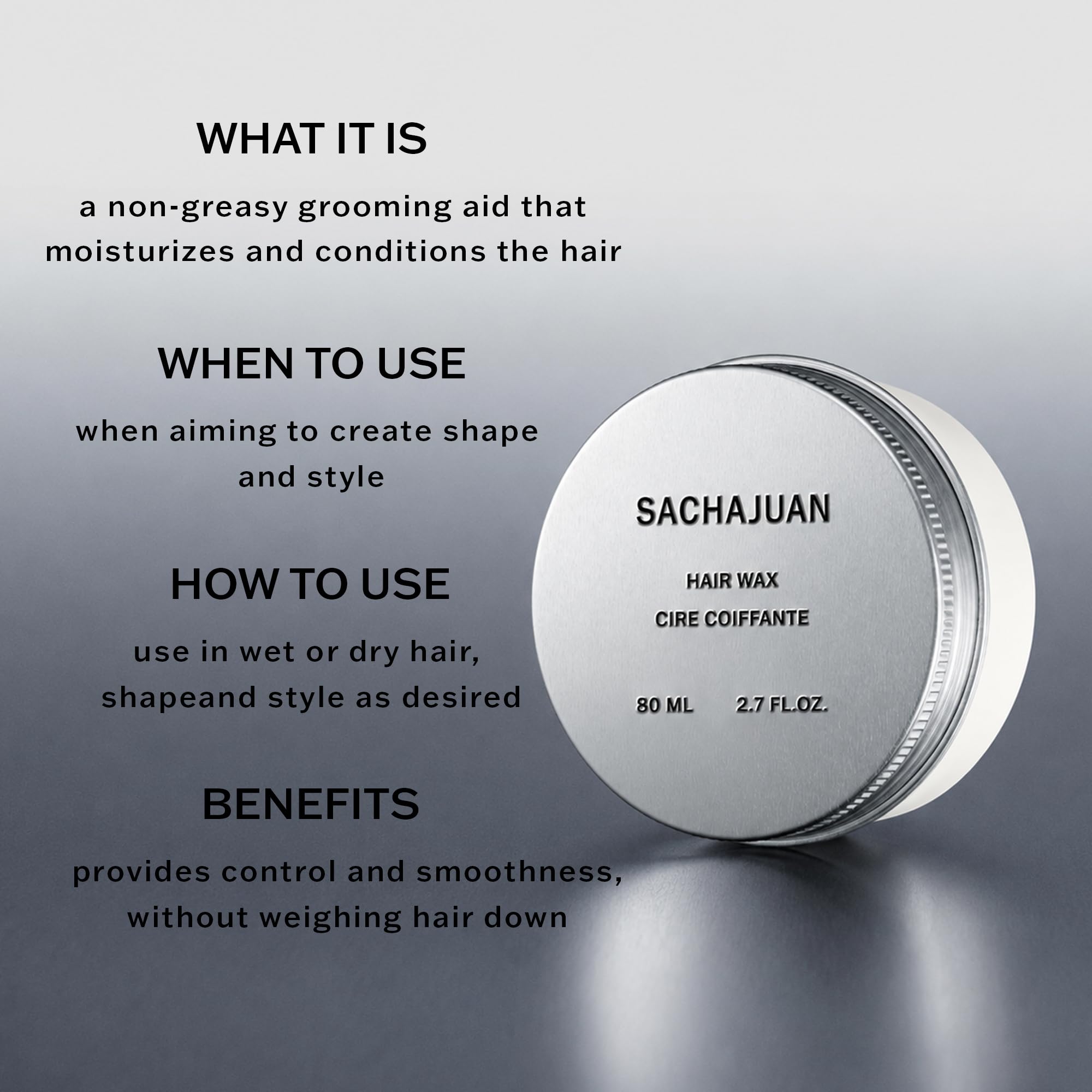 SACHAJUAN Hair Wax Men with medium hold, shine, and definition in a 2.7oz container, showing the wax texture and packaging.