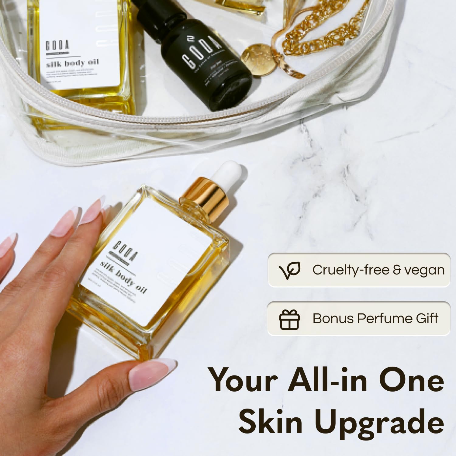 GODA Silk Body Oil in a 4oz bottle, moisturizing and firming anti-aging skin moisturizer for women with smooth, radiant skin