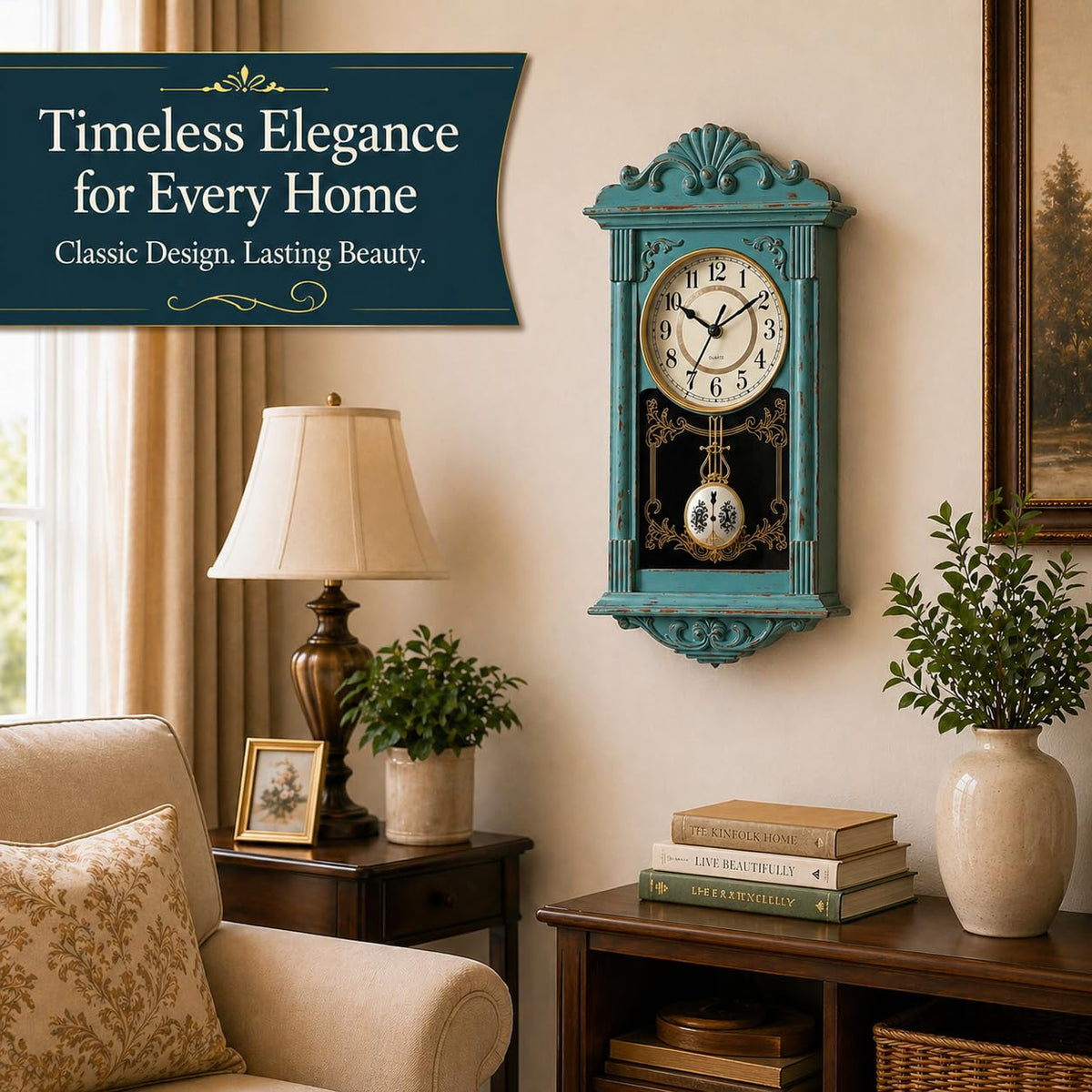 Clockswise Vintage Grandfather-Style Wall Clock with Wood-Effect Plastic Pendulum, Battery-Operated - for Home Decor, Li
