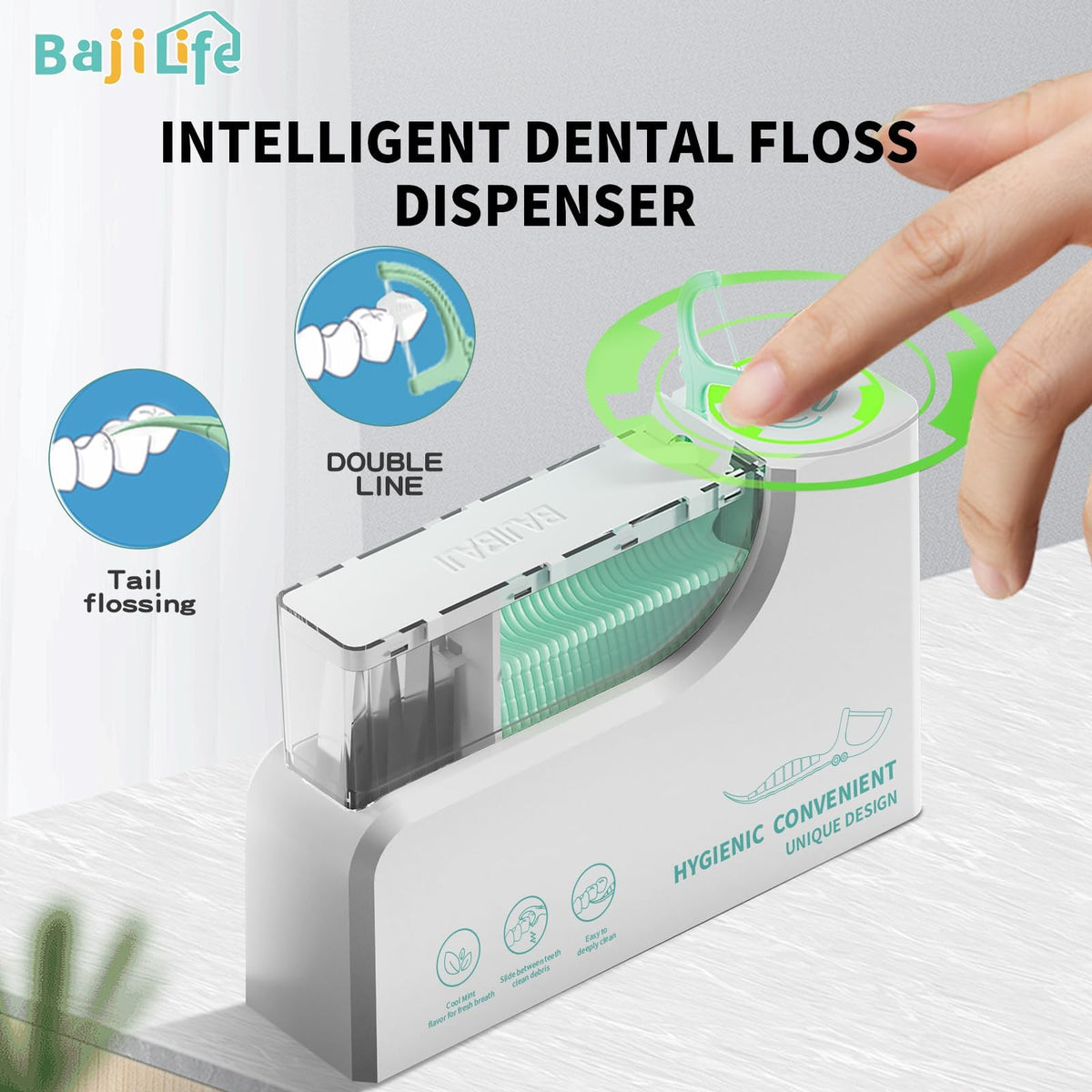bajilife Smart Touchless Dental Floss Dispenser with 10 Cartridges Total 550 Count – full view