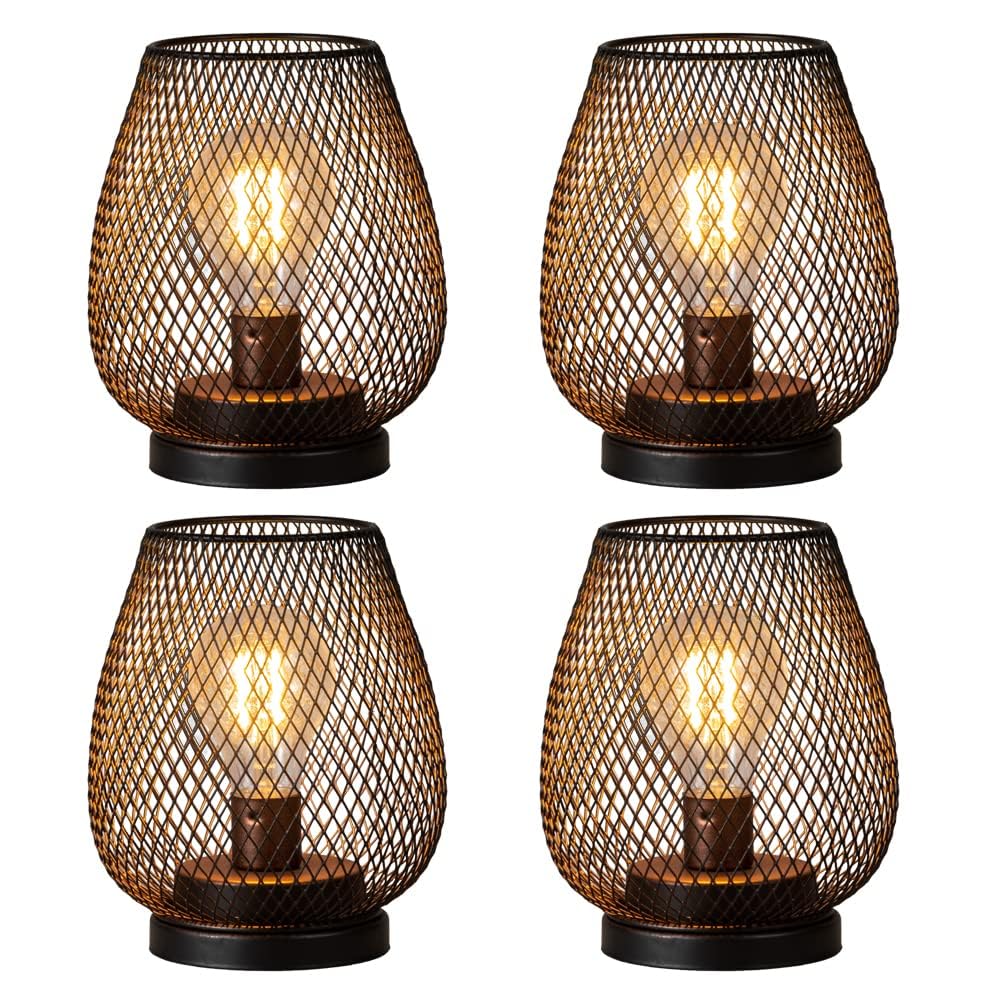 NEEDOMO Battery Operated Lamp Table Powered Lantern, Set of 4 Metal Cage Cordless Lamps with LED Bulb, Vintage Decorativ