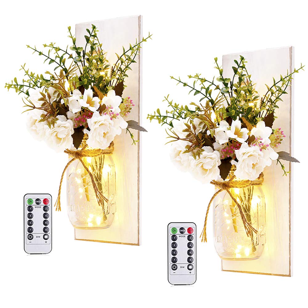 Homecor Rustic Wall Sconces Mason Jar Sconces Handmade Wall Art Hanging Design with Remote Control LED Fairy Lights and 