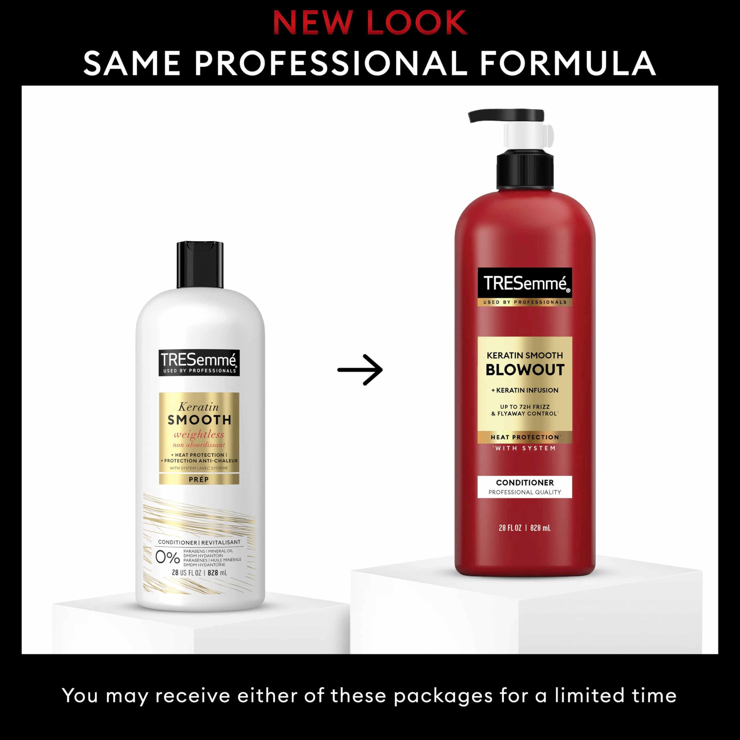 TRESemmé Keratin Smooth Conditioner 28 oz bottle, four-pack, for frizz control and smooth, shiny hair.