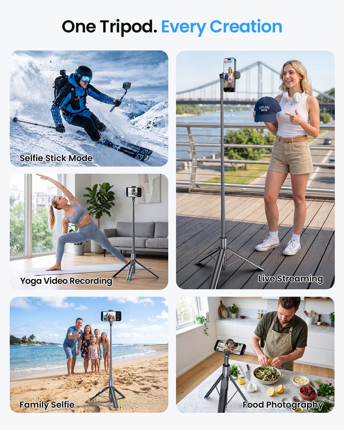 LOXP 67'' Phone Tripod with Remote, 0.01s Auto-Open for Content Creator – back view and specifications