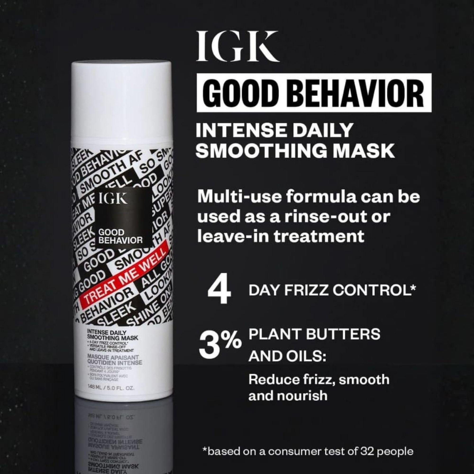 IGK Good Behavior Intense Daily Smoothing Hair Mask, Anti-Frizz, 5 Oz