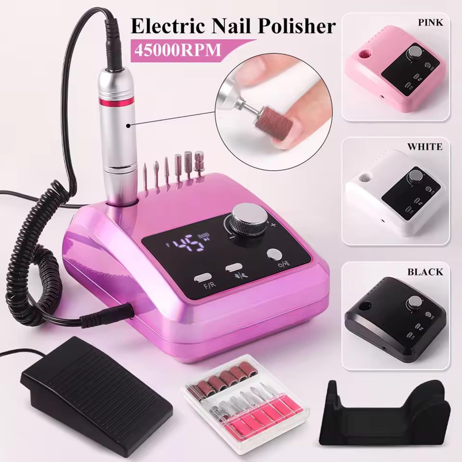 Generic multifunctional desktop nail drill with foot pedal, 45000RPM E-file, shown with various drill bits on a clean workspace.